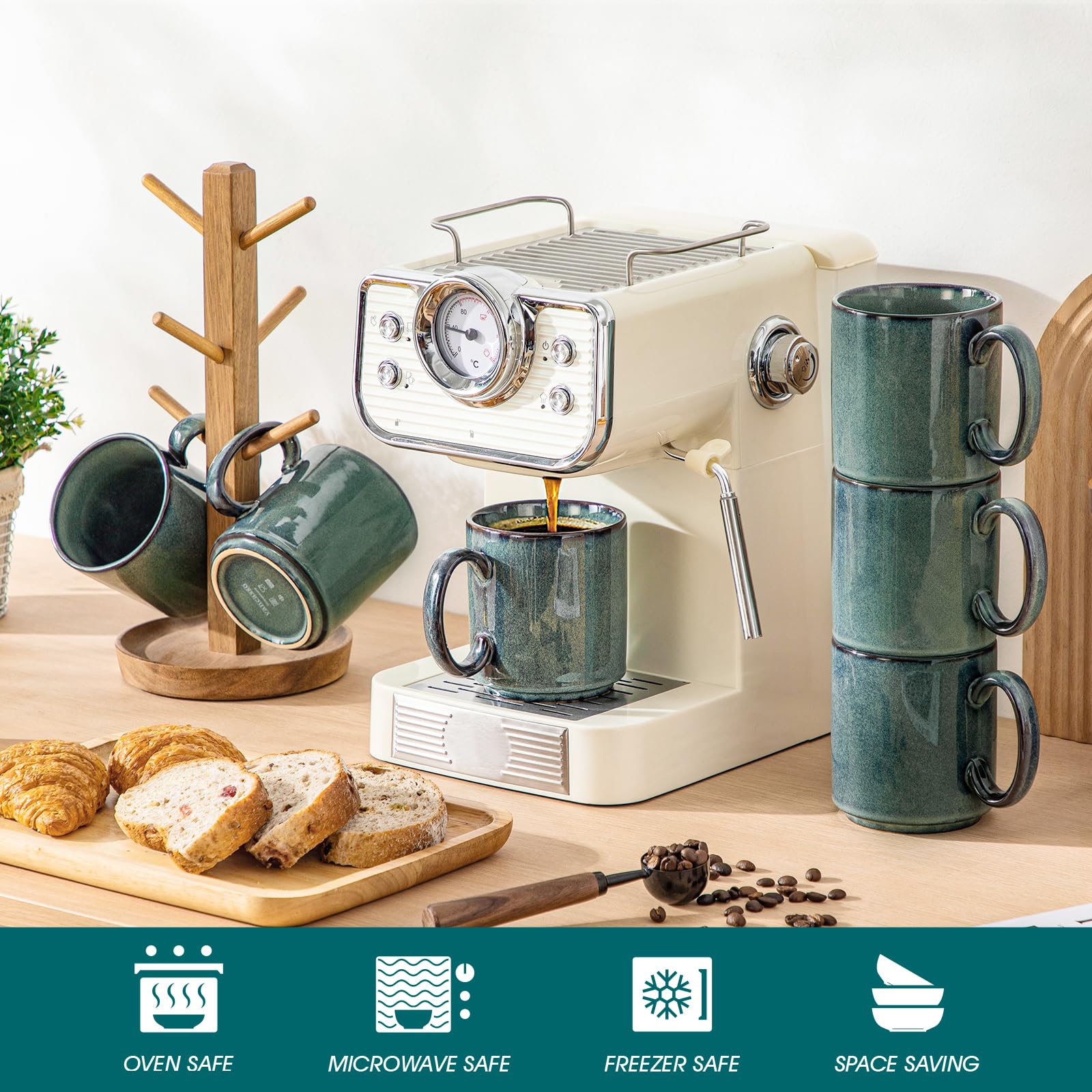 vancasso STARRY Steingut Tassen Set 6er, 480ml Kaffeebecher mit Standring für 6 Personen, Kaffeetassen Set mit Henkel, Teetasse Set Spülmaschinenfest Mikrowellenfes, Grün