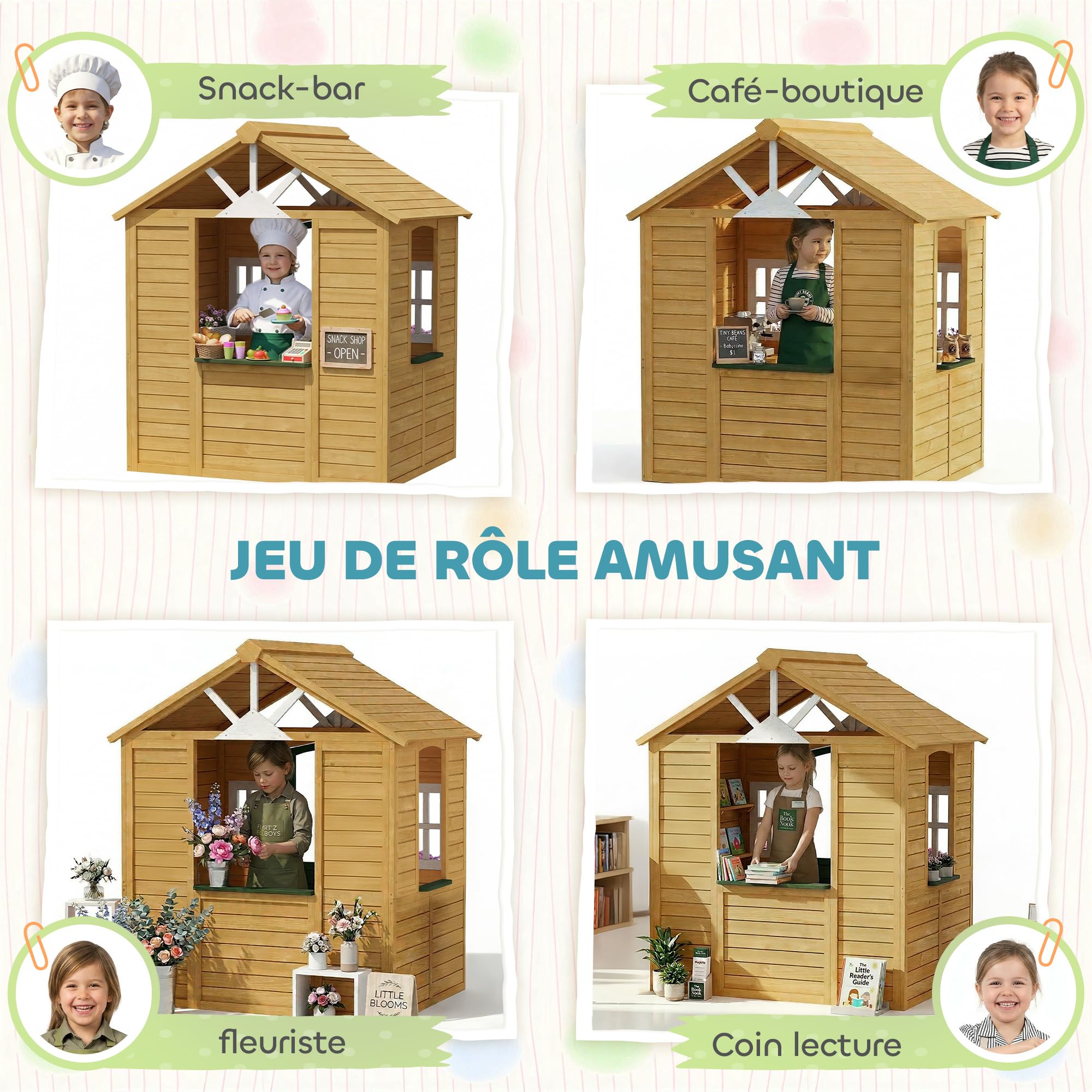 AIYAPLAY Cabaña infantil exterior de madera, casa infantil exterior con puerta, ventanas, 2 bandejas de flores, casita de juego para 3-8 años, juego imaginativo, 134,5 x 97 x 150 cm, marrón