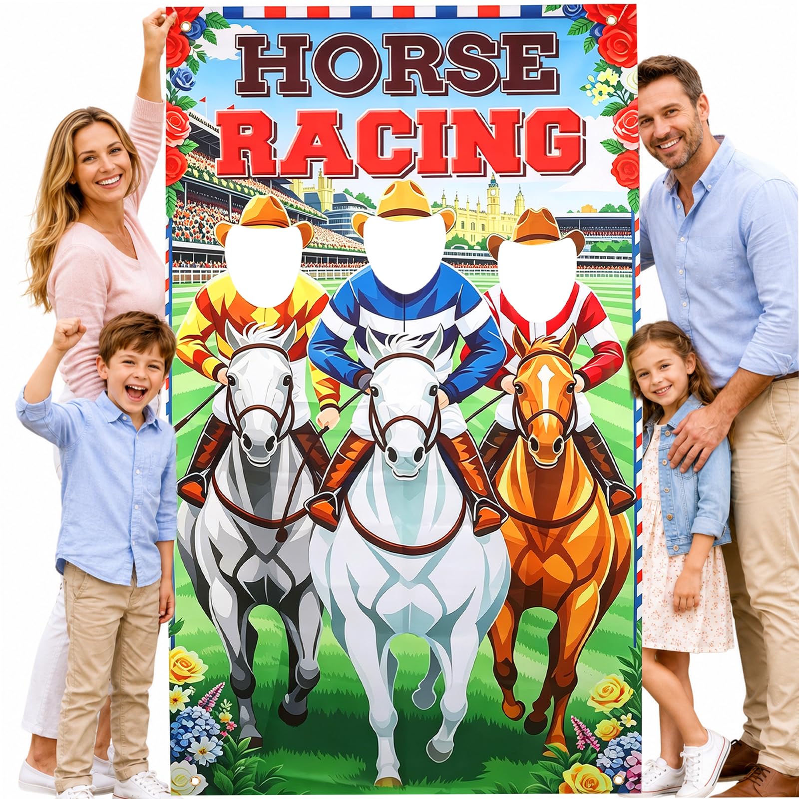 Horse Racing Photo Banner,180 x 90 cm Cutout Backdrop with 3 Face Hole for Racing Party Decoration,Large Fabric Horse Race Day Photo Booth Props