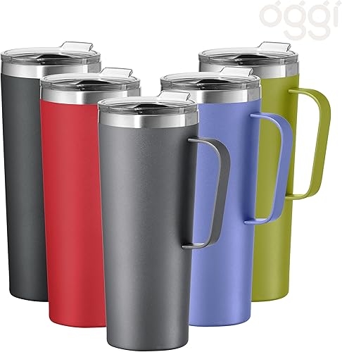 Miniatura 9 de Oggi ThermoMug - Taza aislada de acero inoxidable, doble pared aislada al vacío con asa y tapa, taza de café, taza de campamento, termo de viaje, 14