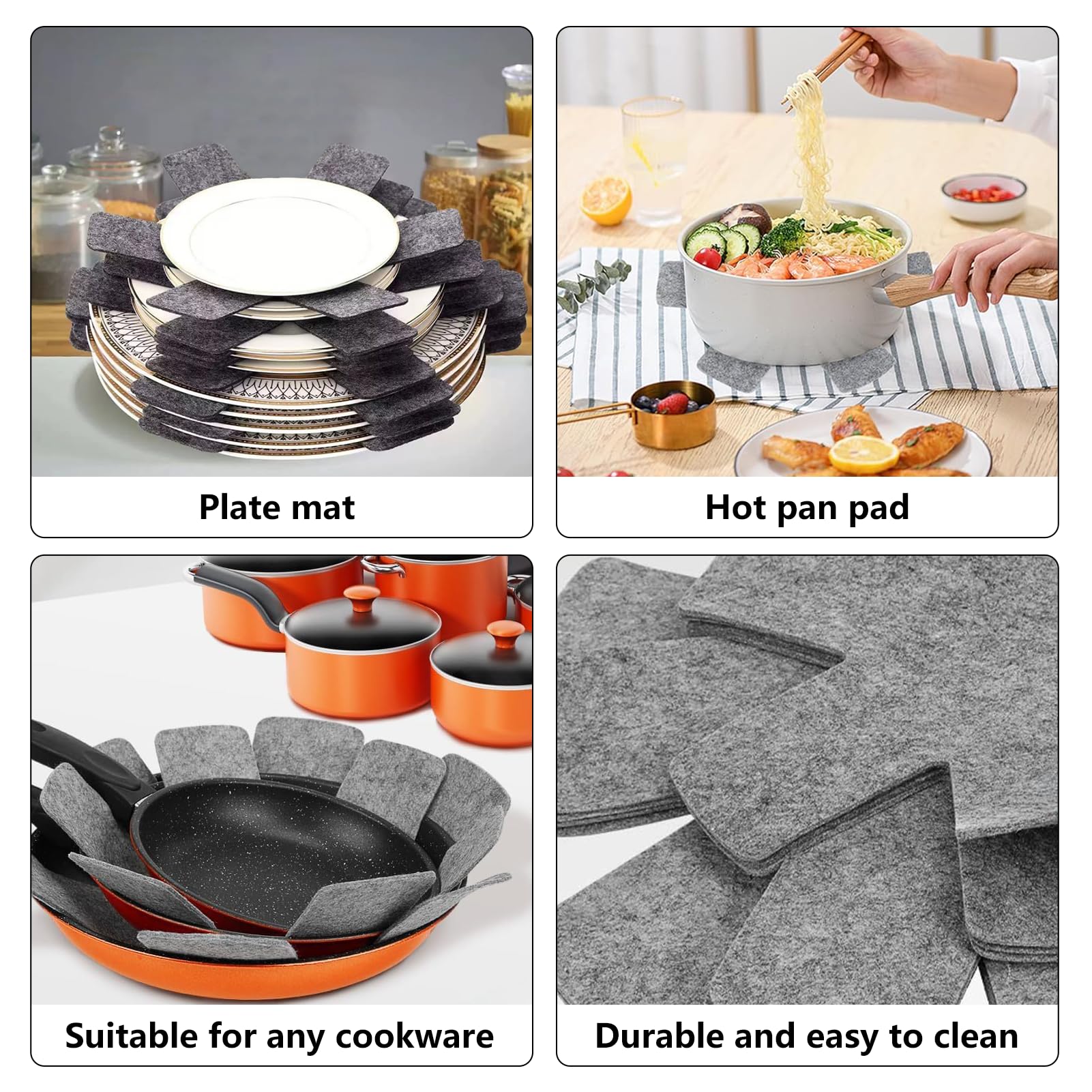Protector de Sartenes, Pack de 10 Piezas (26cm), Separadores Antideslizantes Bajo de Fieltro, Protectores de Sartenes Resistentes al Calor para Sartenes y Cacerolas Apilables (Gris)