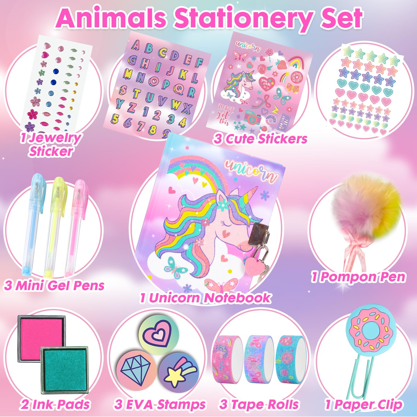 PinkSheep Diario de Unicornio para Niñas Con Cerradura y Llaves - Juego de Papelería Con Sellos, Calcomanías, Bolígrafos y Cuaderno - Regalo de Cumpleaños