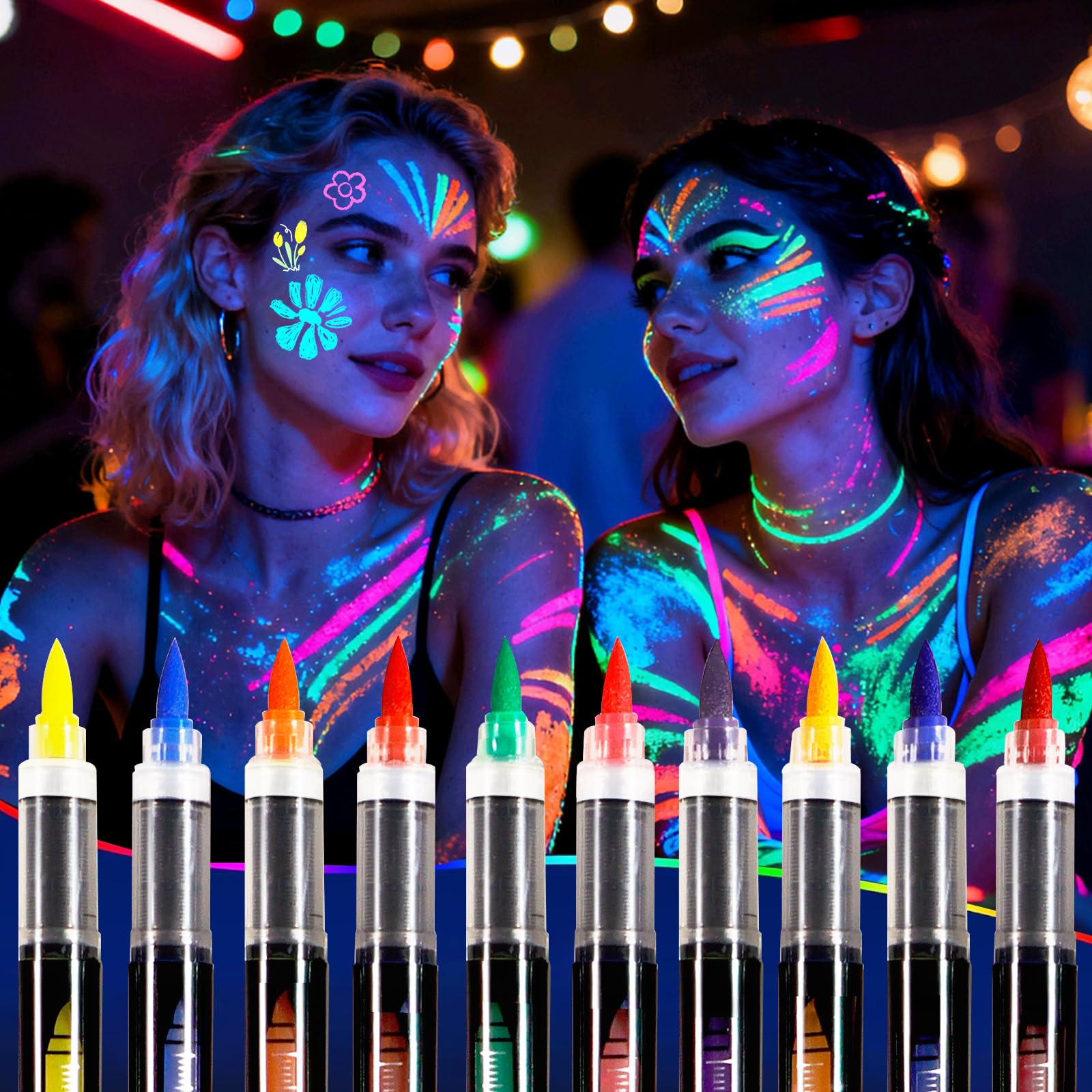 Oiomniv 10 Farben UV Schwarzlicht Stifte, Neon Schminke Glow in the Dark Face & Body Paint, Fluoreszierende Tattoo Marker, Hautfreundlich Wasserfest Bodypainting Set für Festival, Party