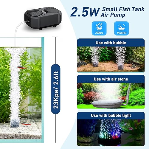 hygger Aquarium Air Pump, Ultra Quiet Oxygen Aerator with Air Stone Airline Tubing Check Valve, Aquarium Fish Tank Air Bubbler for 3 to 79 Gallon Tank and Bucket(2.5W- Up to 12 Gallon)