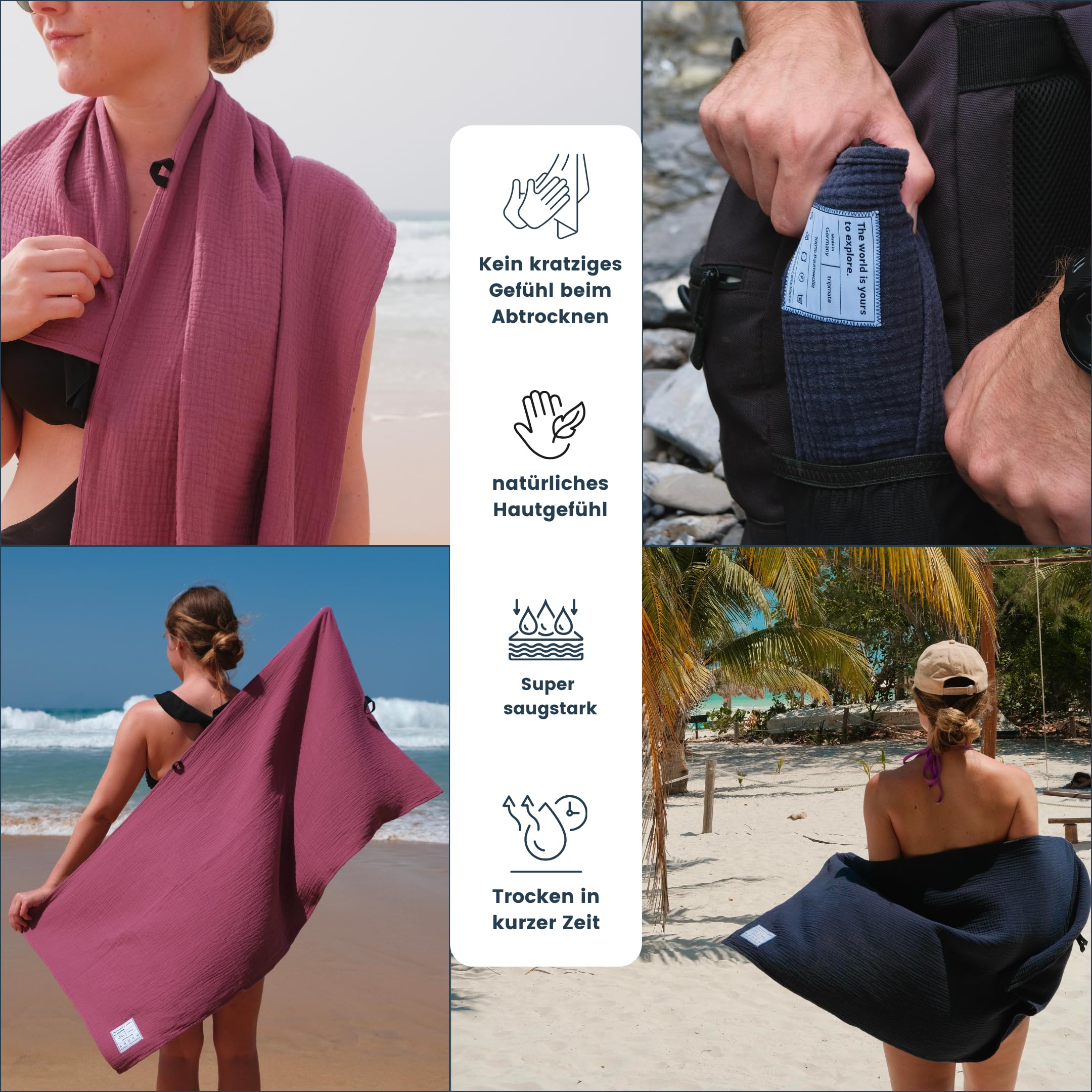 Reisehandtuch - 100% Baumwolle - Oeko-TEX® - Schnelltrocknend - Leichtes Musselin Handtuch - Hergestellt in der EU - ideal für Strand, Sport, Fitness, Sauna, Camping