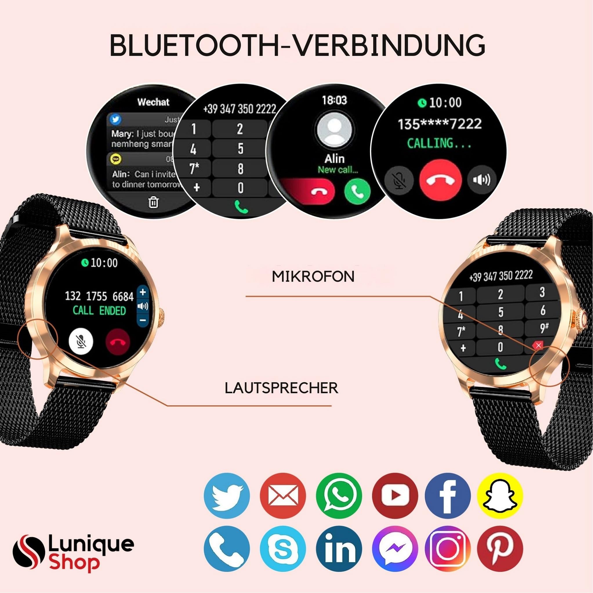 LUNIQUESHOP Round Smartwatch V2 für Frauen Telefonfunktion, Sprachassistent|Kleiner runder 1,19" 120 Sports Herzfrequenzmonitor Blutdruckmonitor Schlafmonitor Damenuhr Android iOS Schwartz Gold
