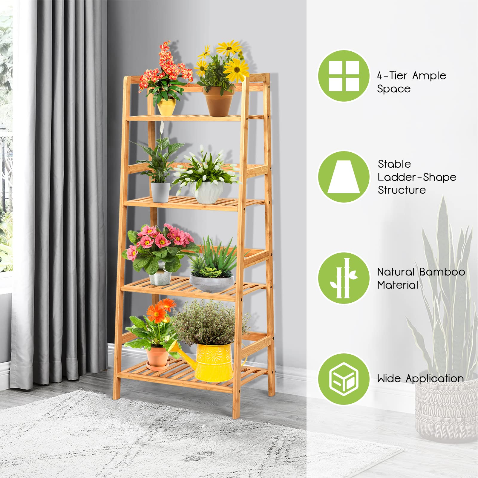 RELAX4LIFE Scaffale Porta Piante in Bambù, Supporto per Piante a 4 Strati, Espositore Impermeabile Multiuso per Giardino/Terrazza/Balcone (Naturale,48x32x115cm)