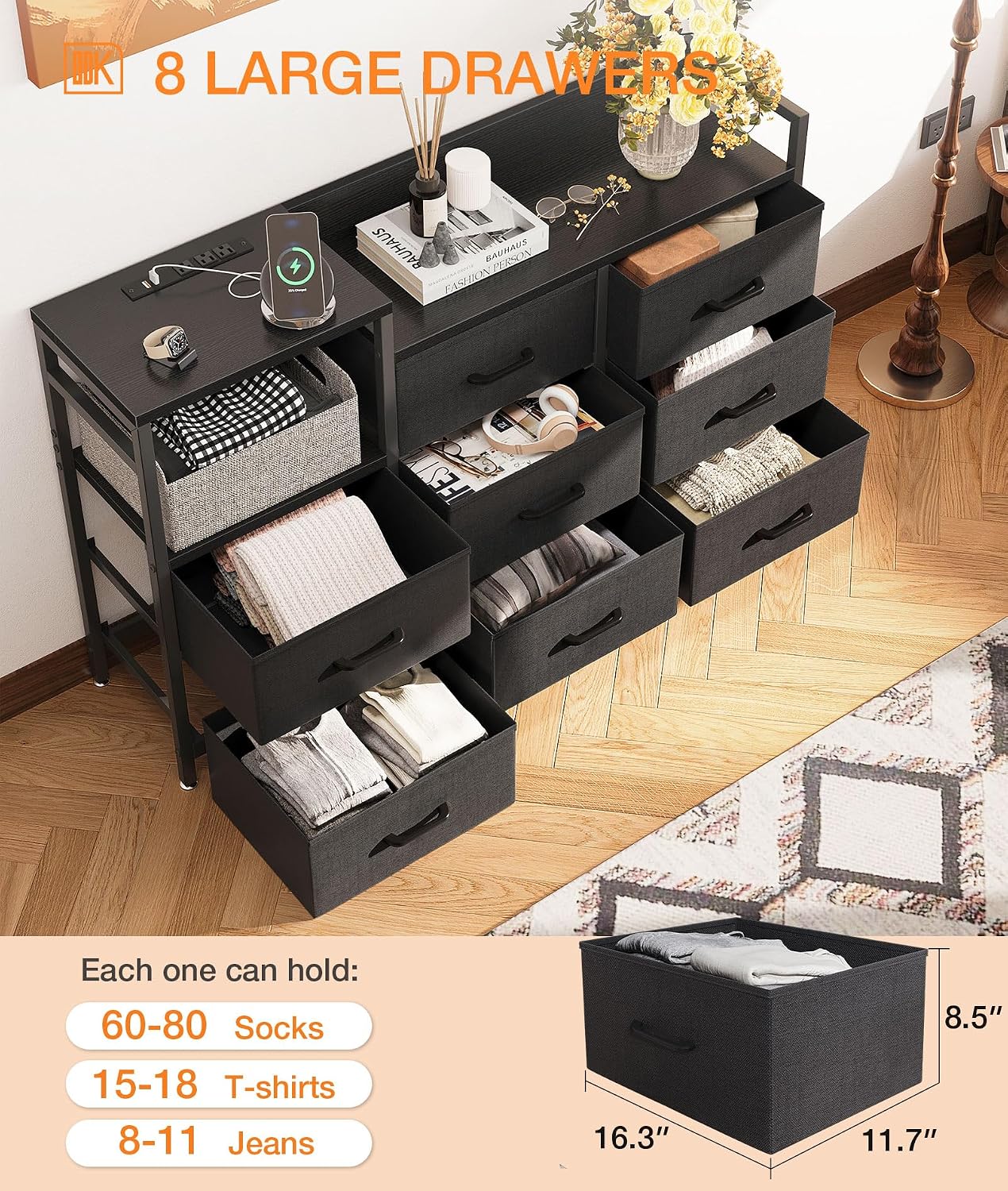 Eight fabric drawers with examples of stored clothing items