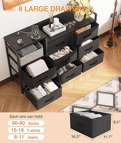 Miniatura 5 de ODK Cómoda con estación de carga, cómoda de 52 pulgadas de largo para dormitorio con 8 cajones de almacenamiento, cómoda de tela con marco de acero