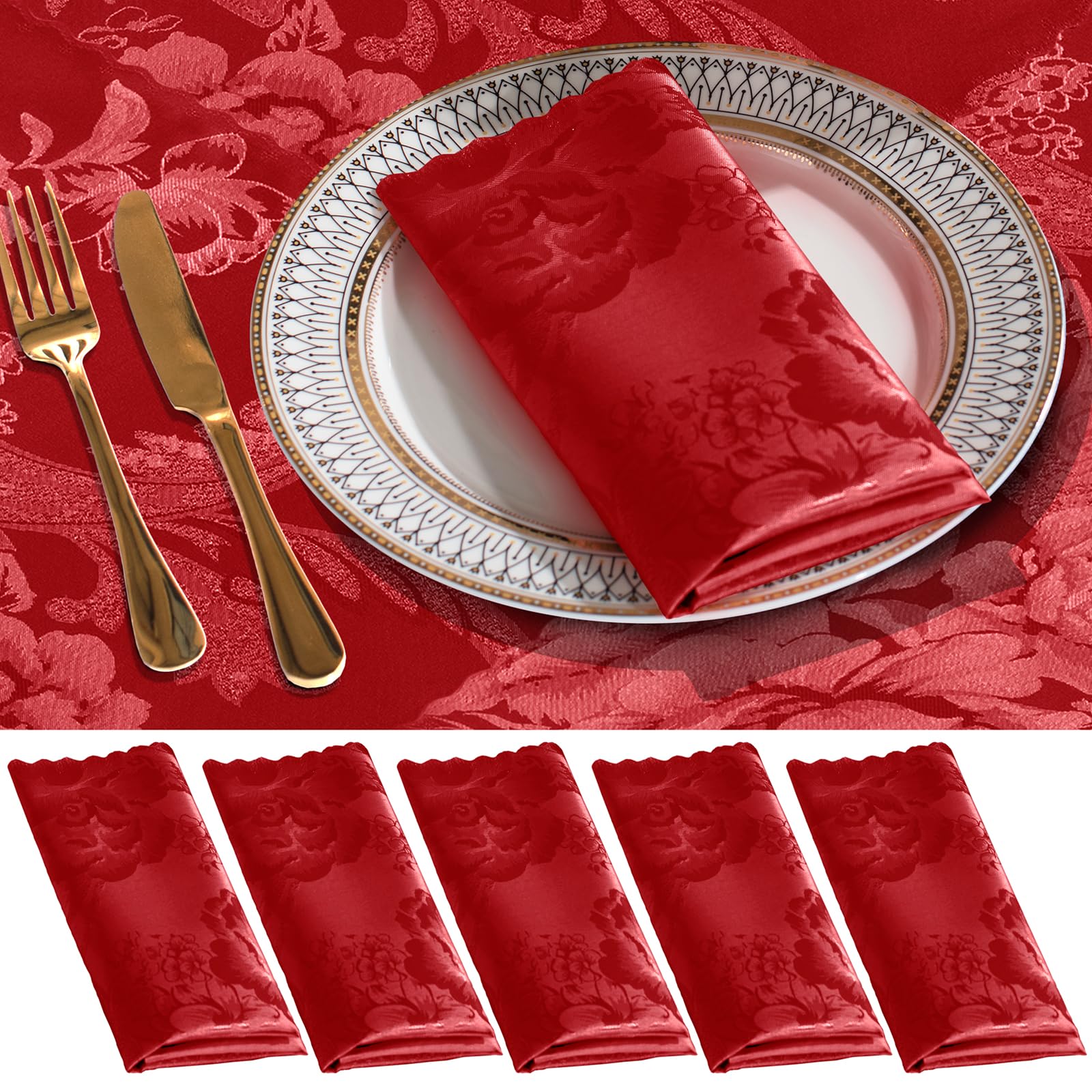 KKJIAF 12 Pack Red Satin Napkins 17x17 Inch, Square Jacquard Silky Satin Table Cloth Napkins for Wedding Banquet Party Restaurant Dinner Decoration