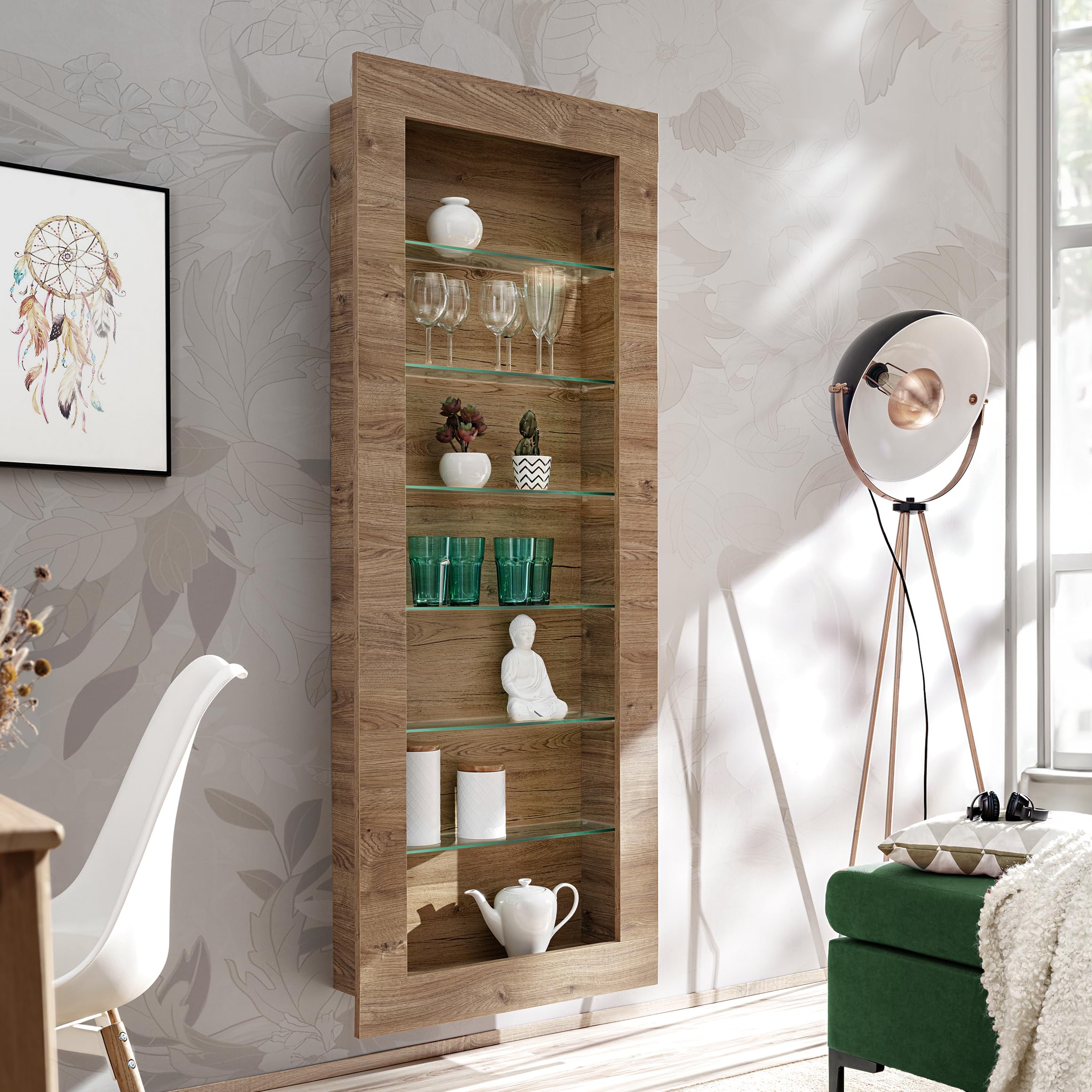 Komodee Vitrine Hängend Como Eiche 71x178x19 cm | Hängende Vitrine Como, Eiche