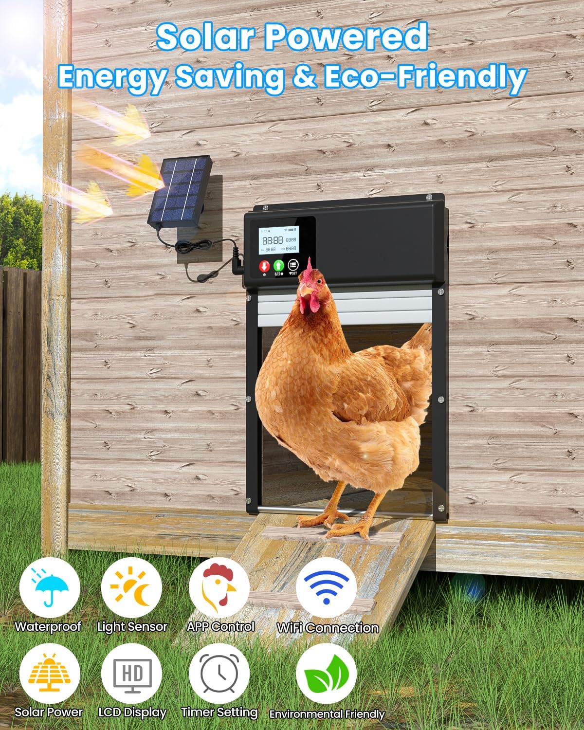 Automatic chicken coop door with solar panel charging