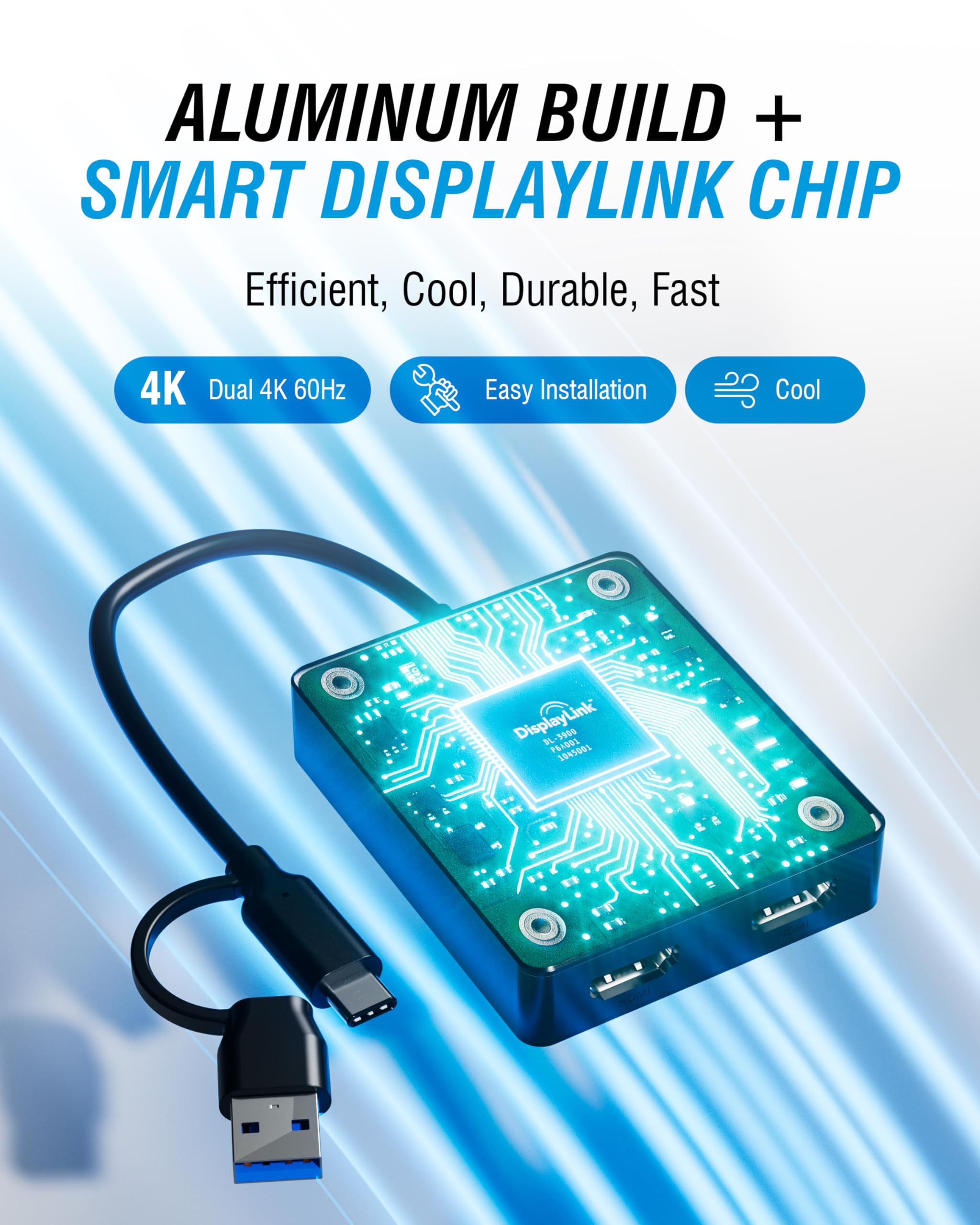 SABRENT Adattatore da USB tipo C/A a doppio HDMI, 4K a 60Hz, modalità estesa e specchio, compatibile con Alt Mode + DisplayLink, audio stereo/5.1, supporto HDCP, alloggiamento in alluminio, Plug