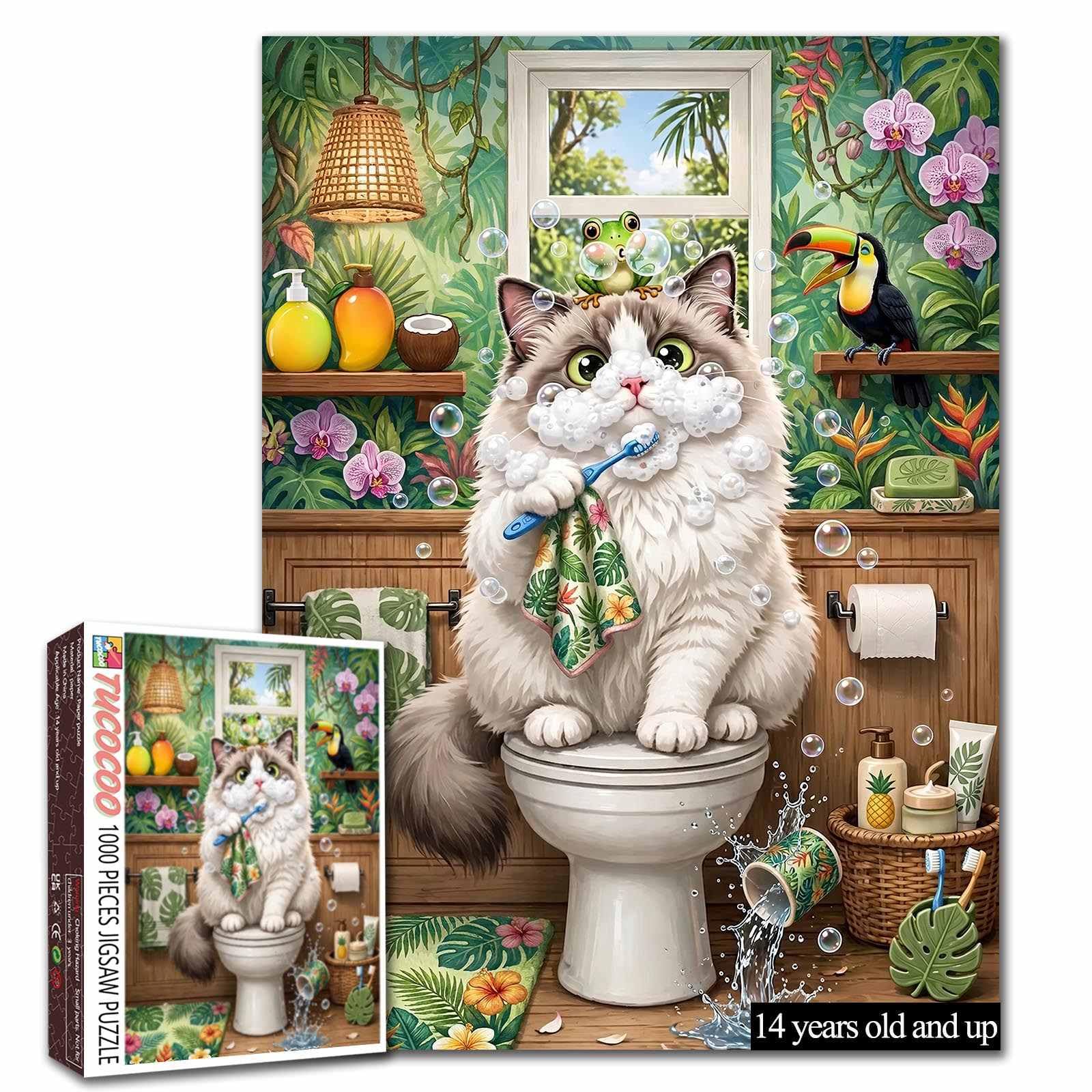 Funny Cat on Toilet Brushing Teeth Puzzle Tropical Animal Puzzle for Adults