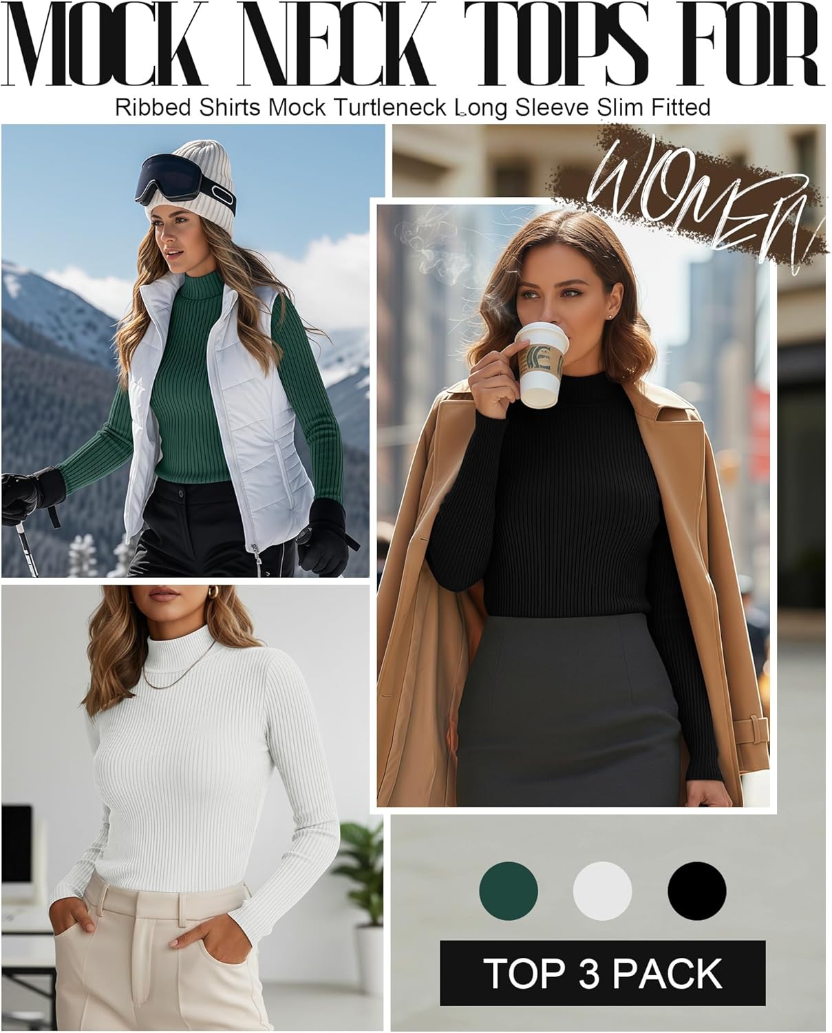Riyiper 3 Pack Women's Ribbed Shirts, Mock Turtleneck Long Sleeve Tops Slim Fitted Undershirts Casual Basic Layering Tees - Image 3