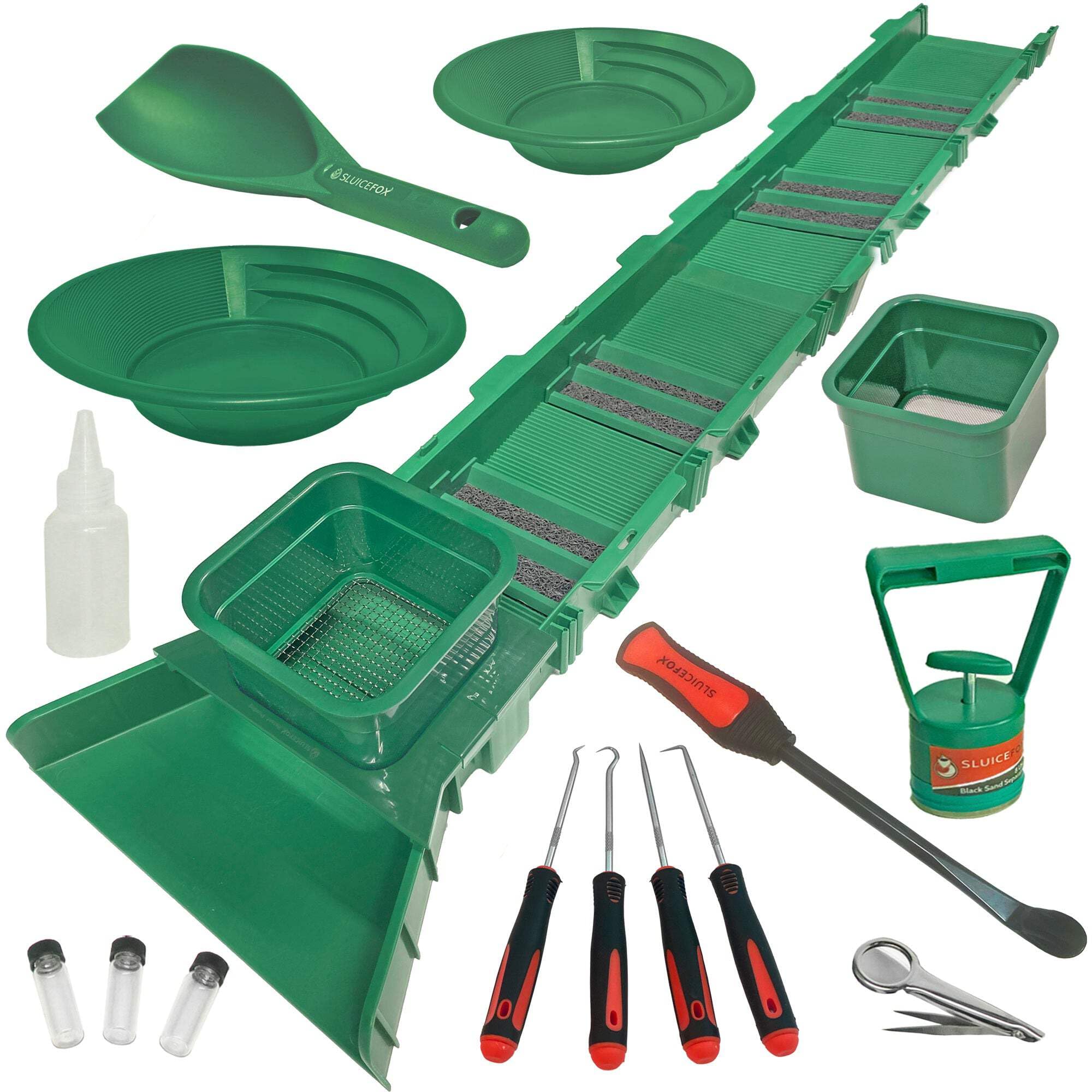 Sluice Box Compact Gold Panning Kit; Portable Sluice Box and 2 Classifier sifting Pans; classify While You Sluice with This Patented Prospecting Tool Set (Green Color)