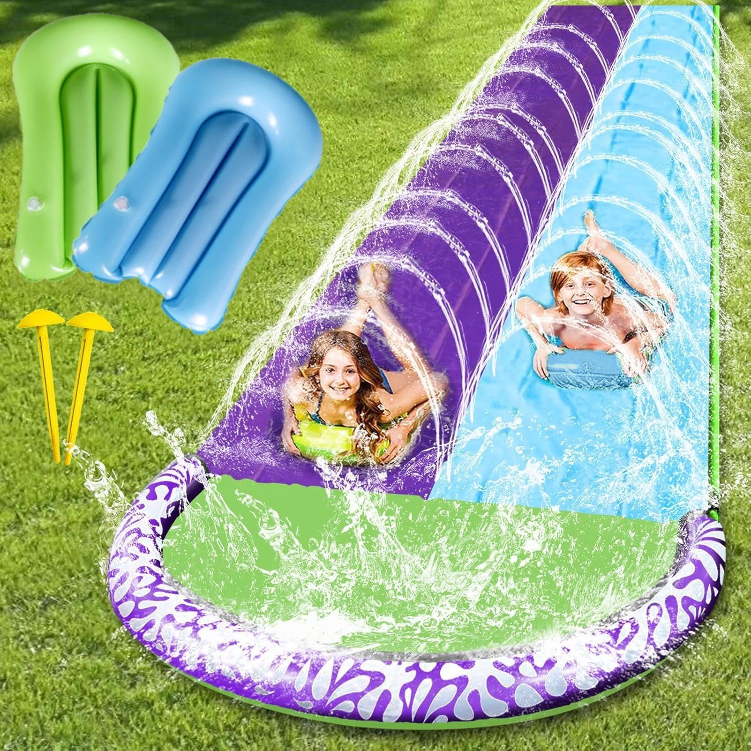Doppio Scivolo ad Acqua 480 cm con 2 Bodyboards Scivolo Acquatico Giardino Piscina Fuori Terra per Bambini e Adulti