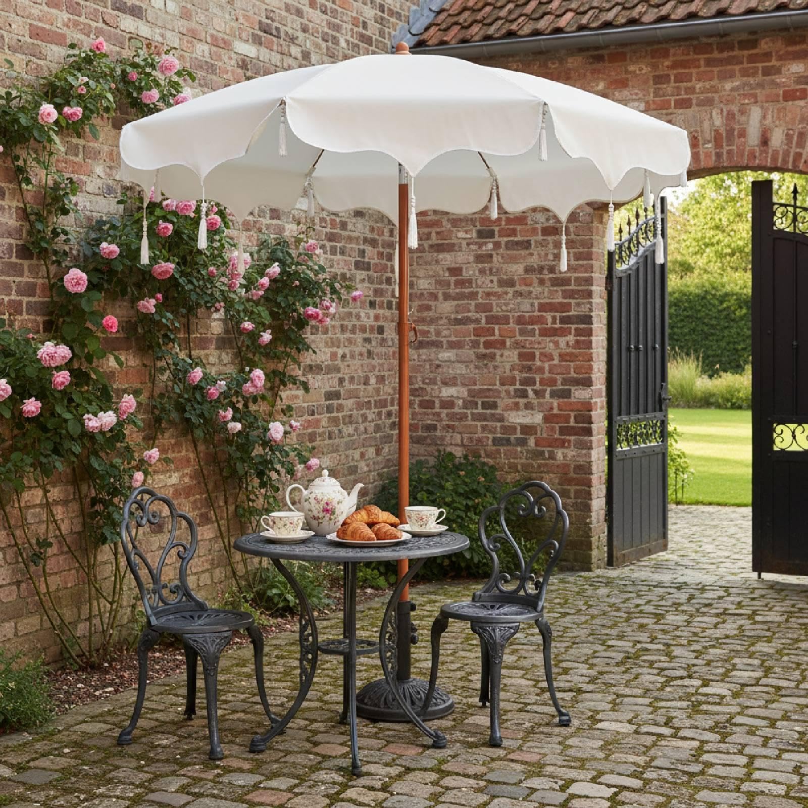 Patio Umbrella Bohemio con Flecos Mecanismo Ajustable de Inclinación Tejido de Nylon de Alta Densidad Accesorios Funcionales y Resistente para Patio