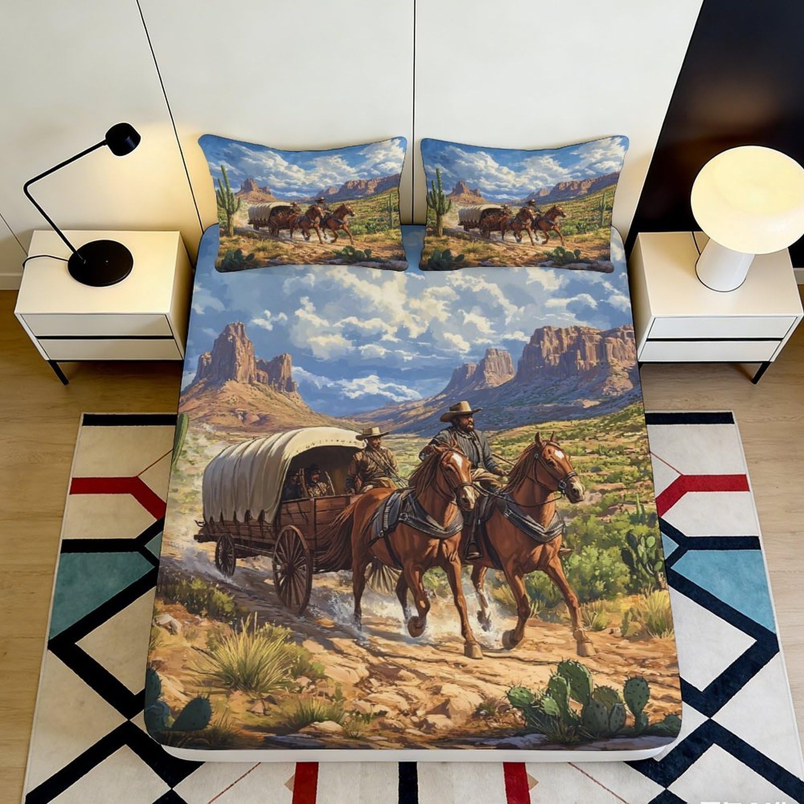 3D Printed Western Desert Fitted Sheet Microfiber Soft Breathable Cowboy Horse Bed Cover for Bedroom Dormitory Guest Room Mattress Protection Decor 90x200x25cm