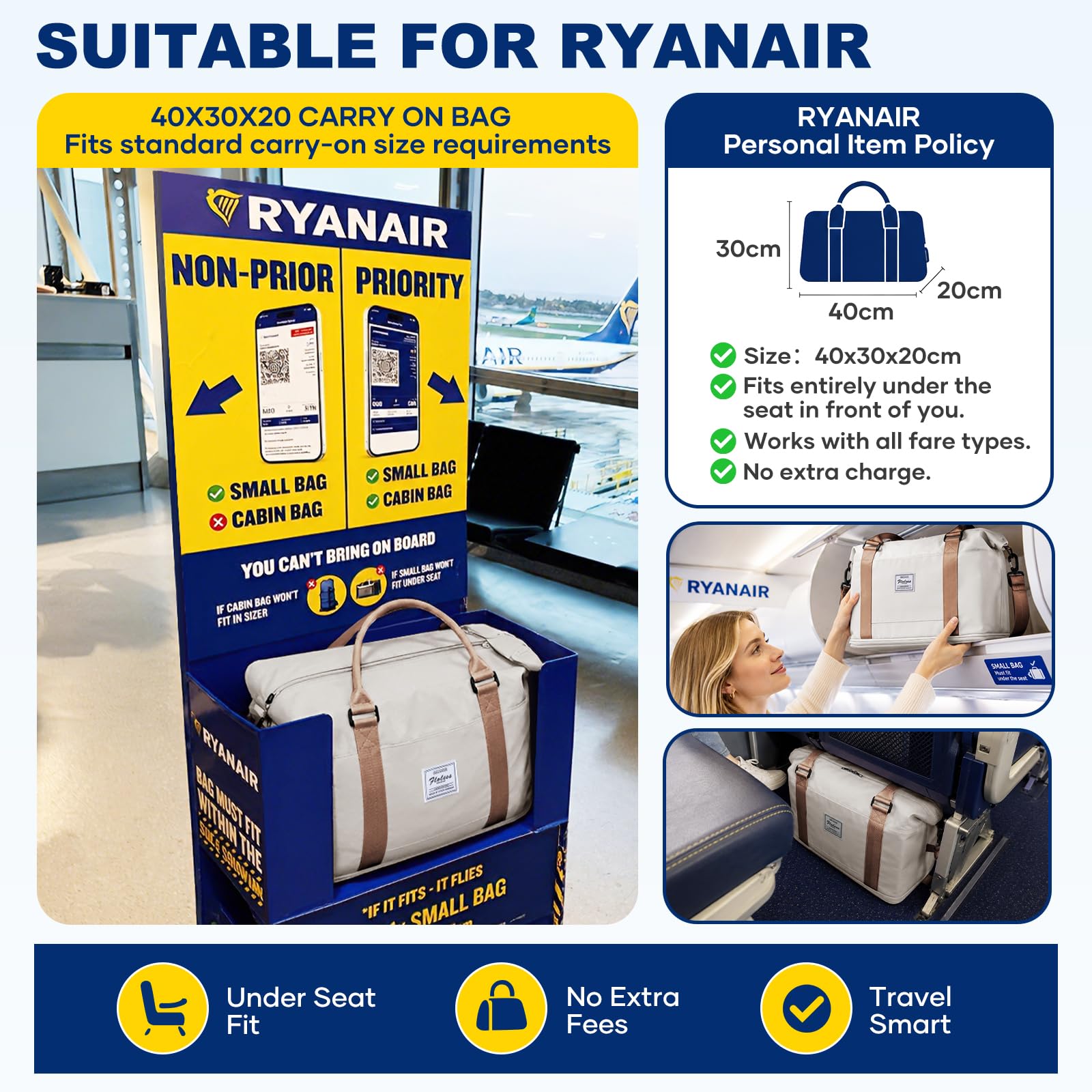 HPLQQ Bolsa de Viaje 40x30x20 Ryanair Equipaje de Mano de Fin de Semana de Deporte Mujer con Compartimento para Zapatos Bolsa Gimnasio Bolso Maternidad Hospital,A01-Marr贸n Beige