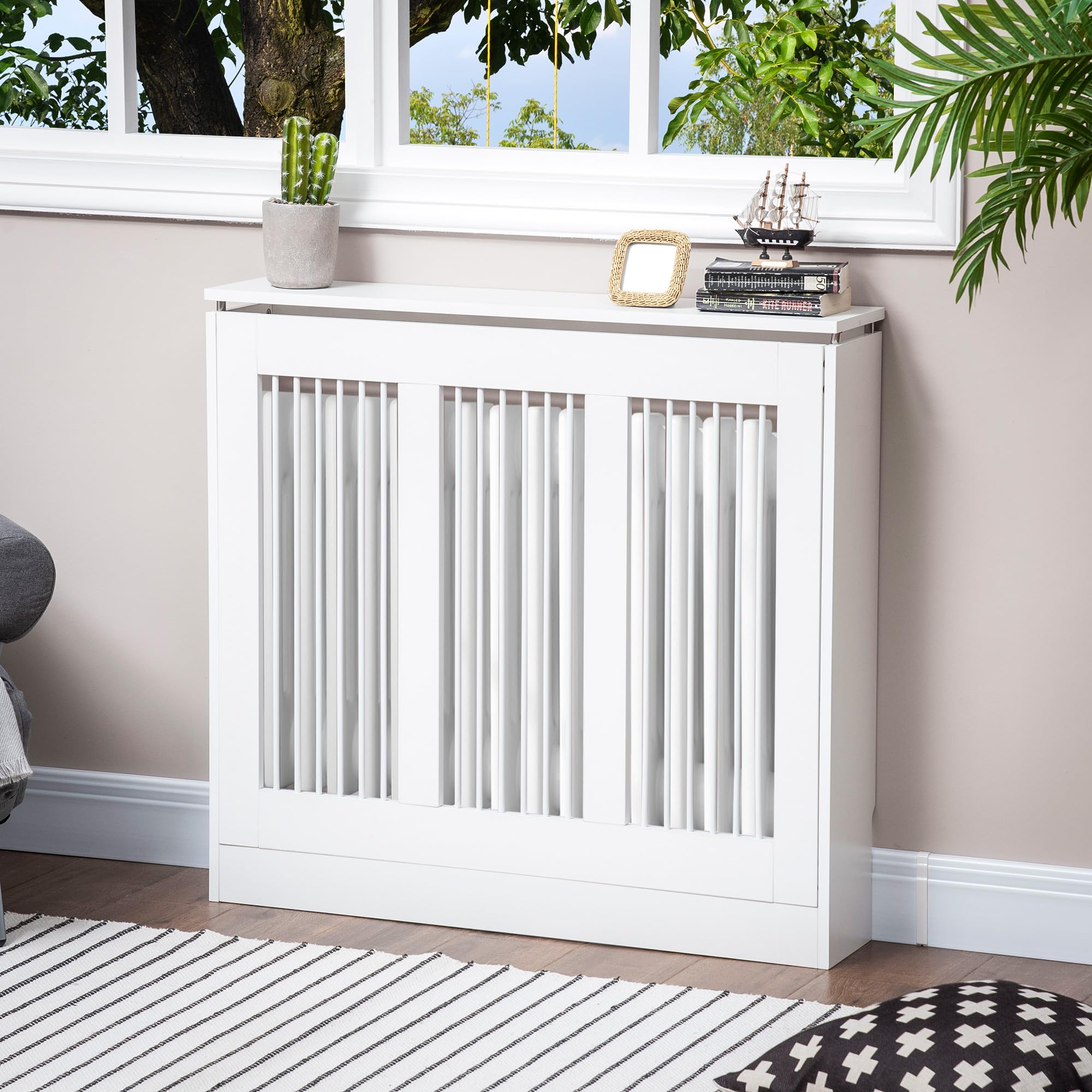 HOMCOM Cache-radiateur à Lattes avec Anti-basculement 90x18x84cm Blanc