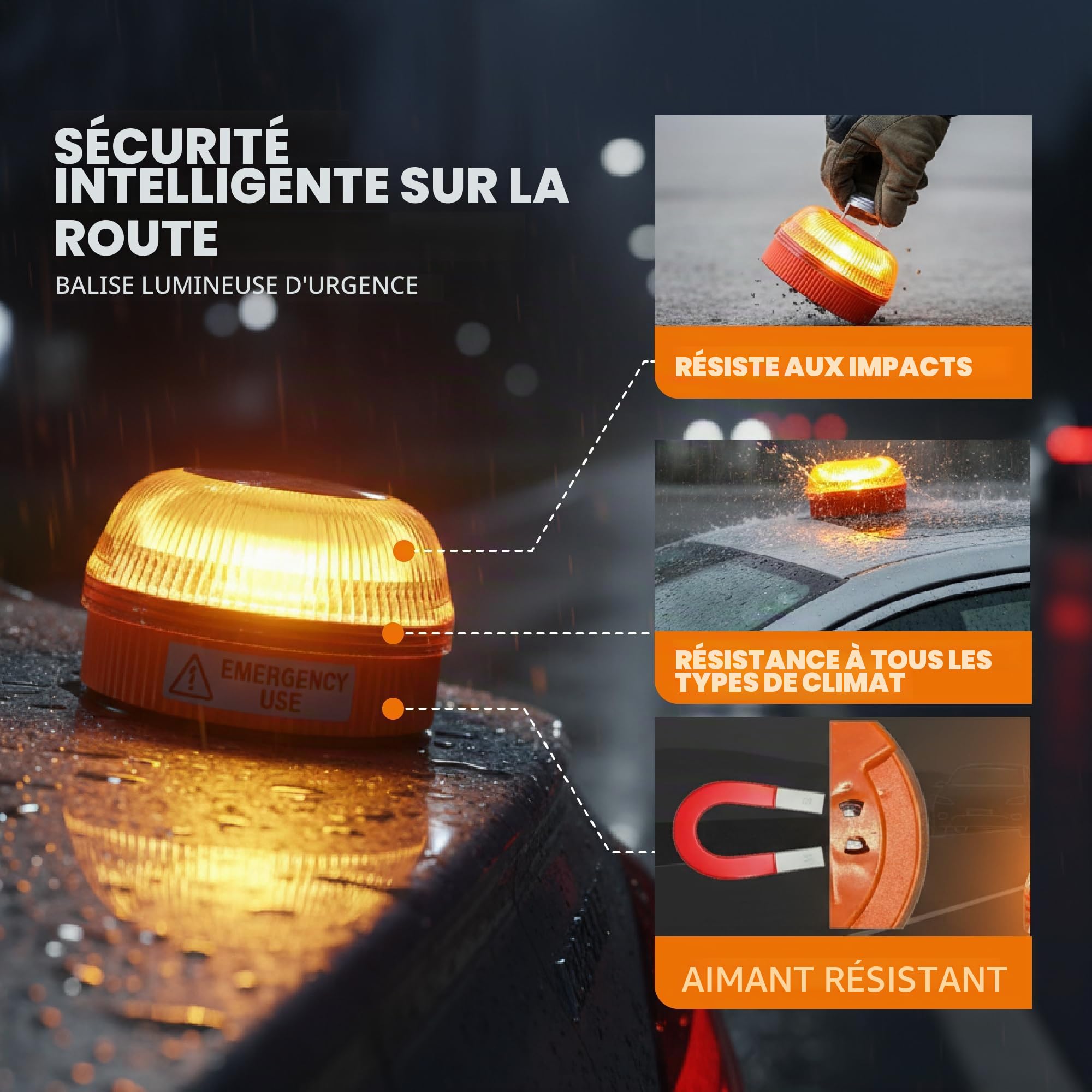 Baliza V16 (Pack de 2) | Lumière d'urgence pour signaler les accidents de voiture | Remplace le triangle | Housse noire incluse | Sans GPS | Aimants magnétiques | Fonctionne avec 3 piles AAA | Haute