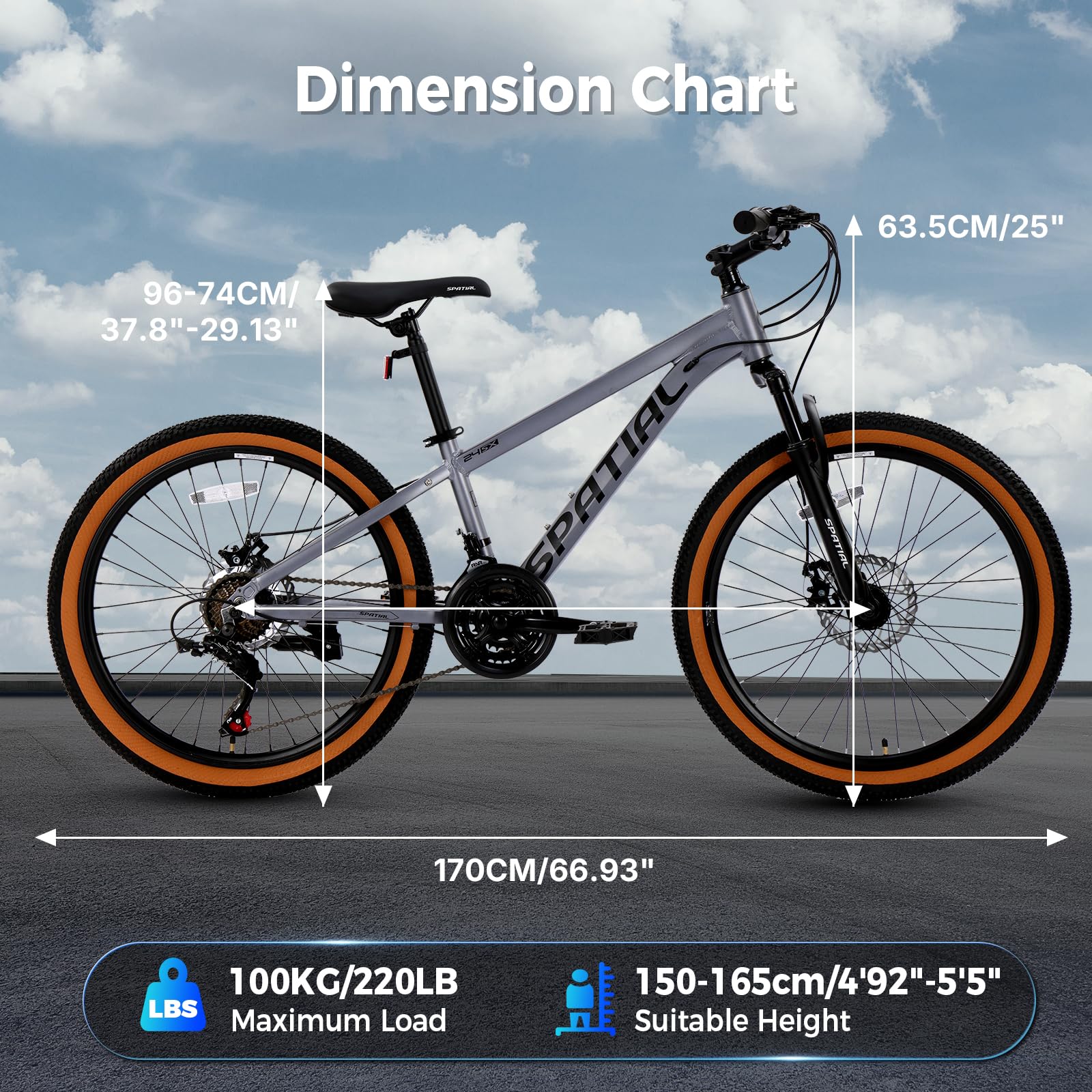 SPATIAL MTB Bicicleta de Montaña para Adultos y Jóvenes - 29/27,5/26/24 Pulgadas, 8/21 Velocidades, Frenos de Disco Mecánicos Dobles, Cuadro de Aluminio, Suspensión Delantera, Asiento Ajustable
