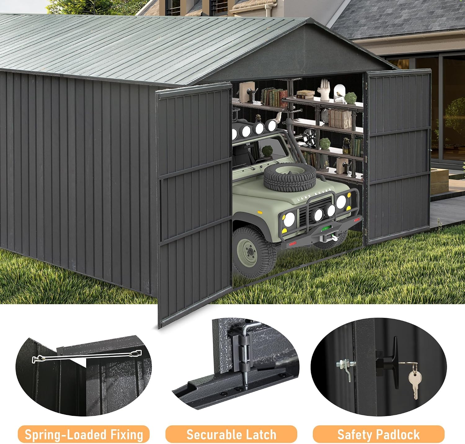 12x25FT Metal Storage Shed, a Metal Garage Shed or Heavy Duty Carport, Lockable Double Hinged Doors, Extra Large Car Shelter for Car Truck Motorcycle Lawn Equipment, Wind Resistant