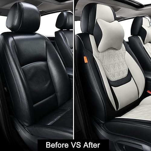 Miniatura 5 de Fundas de asiento delantero de automóvil, par de fundas de asiento delantero de cuero transpirable con reposacabezas, funda universal de asiento de