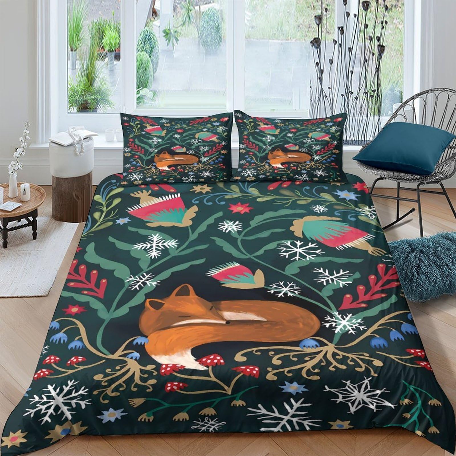 Ctjqhvkz Style-4 3D Printed Fox Forest Fitted Sheet Microfiber Soft Mattress Cover With Snowflake Pattern For Bedroom Guest Room Decor Single（135X200cm）