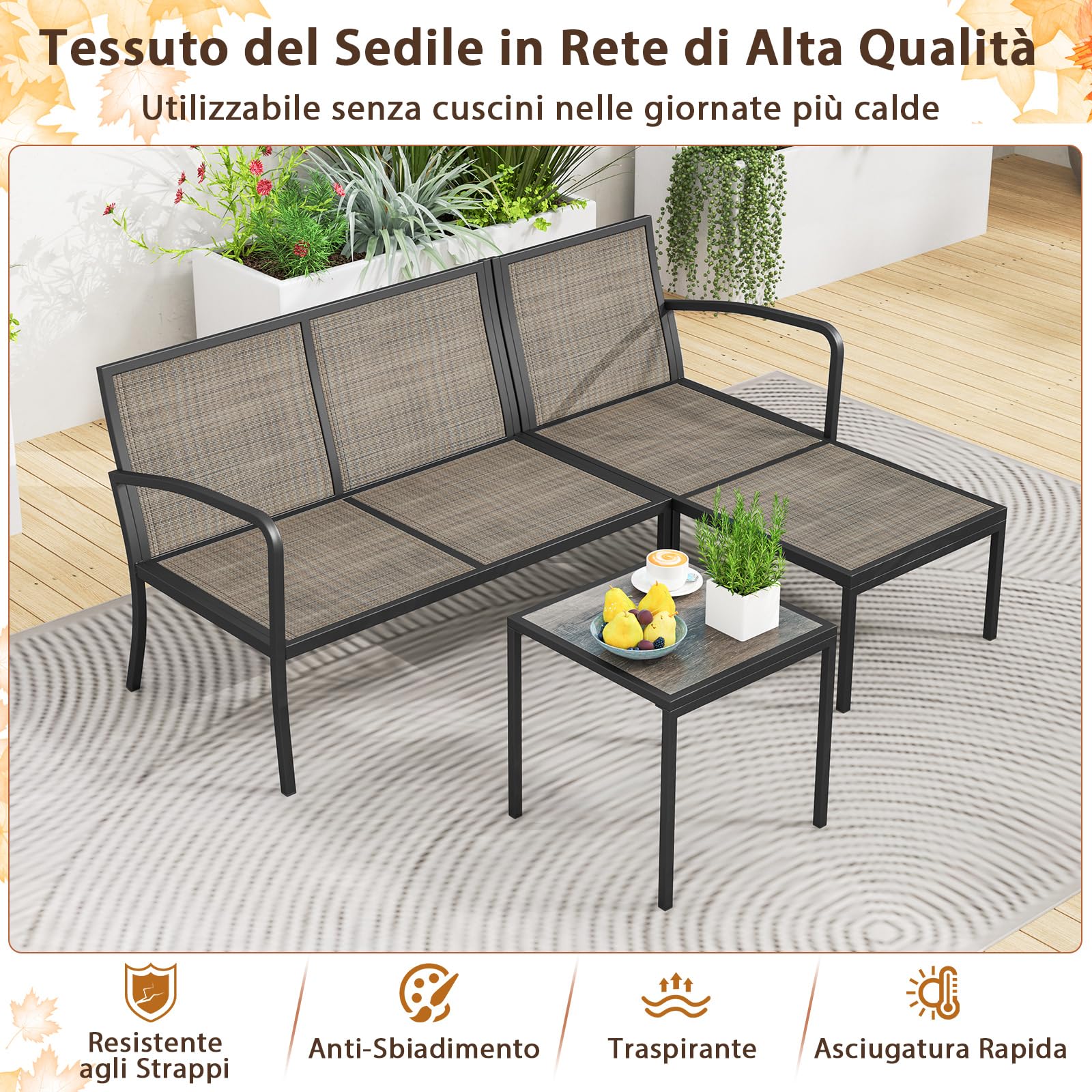 COSTWAY Set Divano da Giardino a 3 Posti, Divano Modulare a L con Tavolino (Grigio)