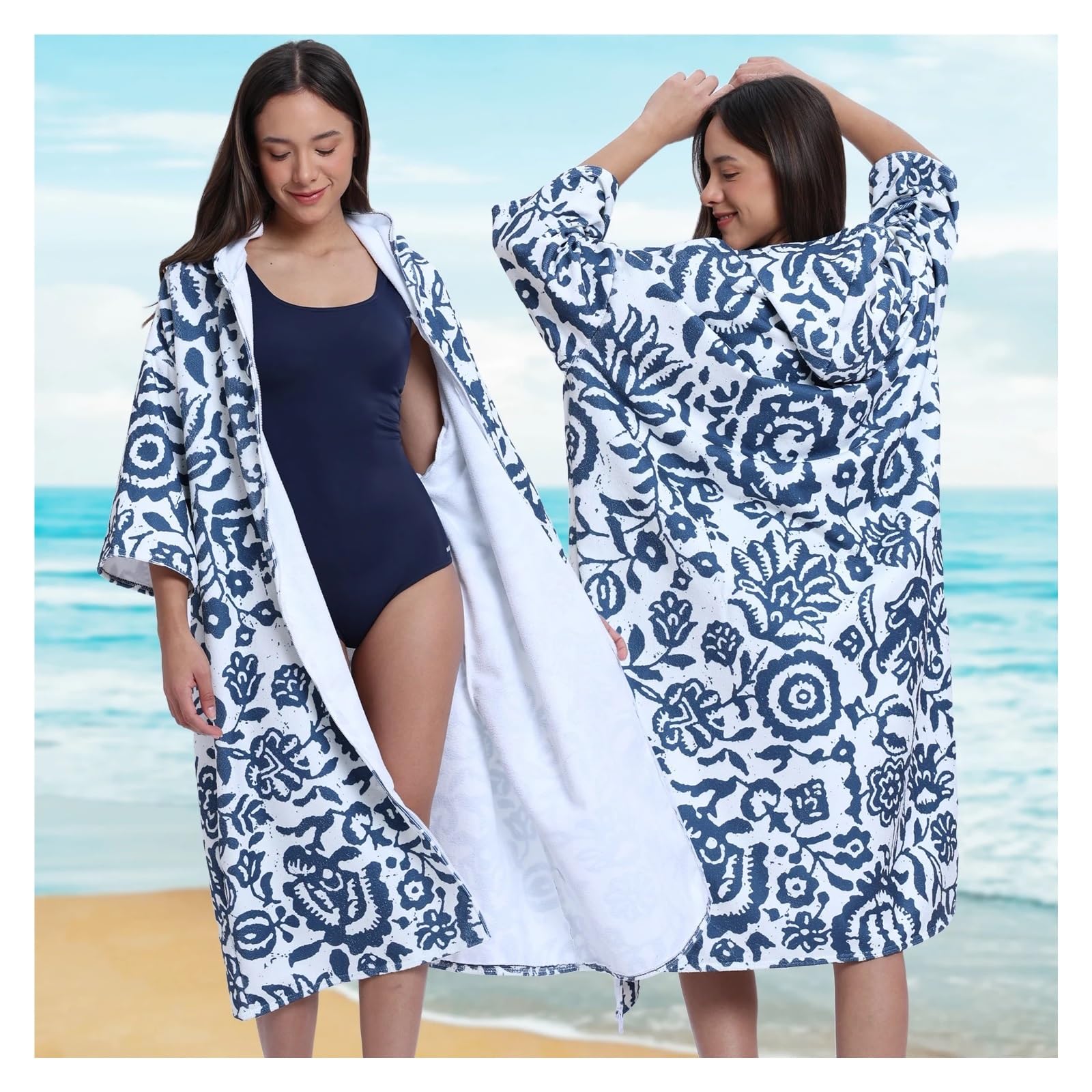 Toalla de baño con Capucha for Adultos - Toalla de Playa con Estampado Floral Azul y Cremallera, poliéster de Secado rápido for Piscina y Playa(Pink)