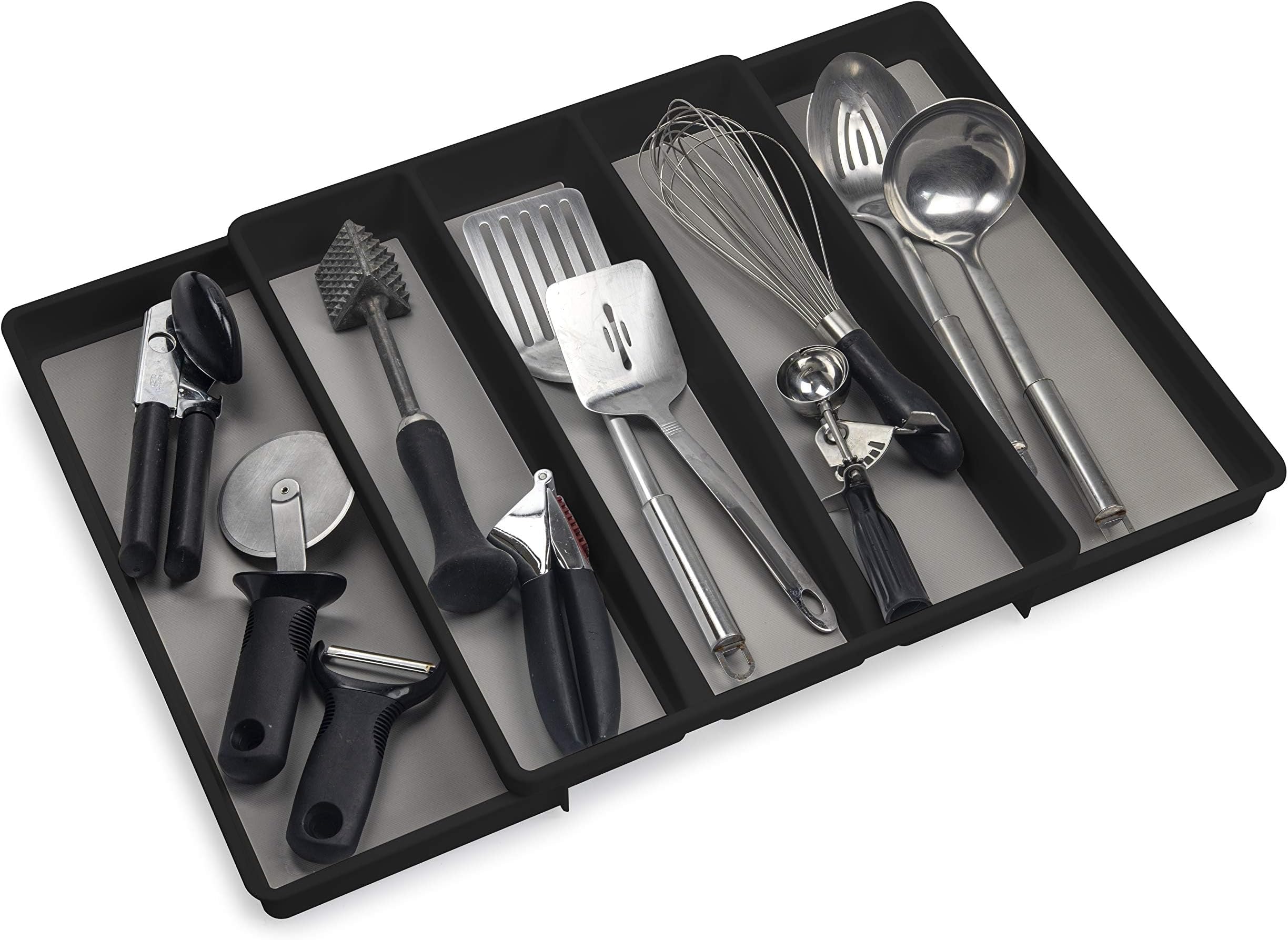 ELTOW Expandable Utensil Drawer Organizer, 5 Compartment Non-Slip & Adjustable Utensil Tray for Kitchen Drawers, Kitchen Organization for Utensils, Office Supplies, Flatware Storage - Black