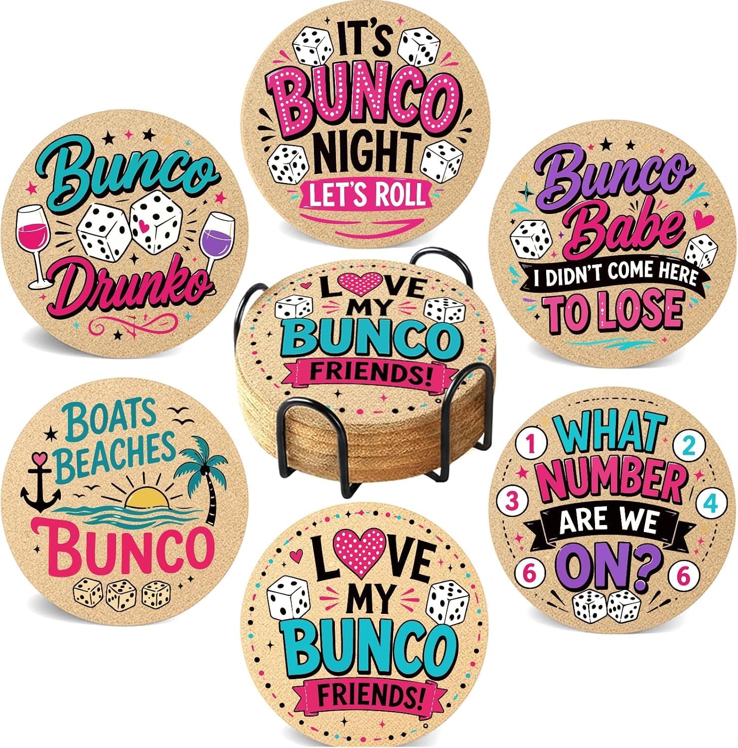 Bunco Coasters with Metal Holder - 6 Pack Funny Quote Natural Cork Bunco Drink Coasters, Tabletop Bunco Night Table Decor, Cute Game Bunco Gifts for Bunco Party Supplies