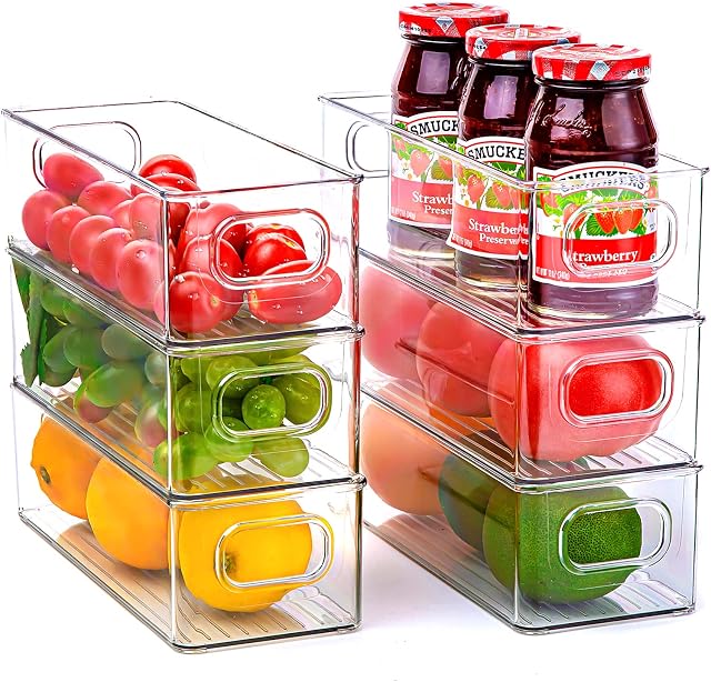 6 Pack Fridge Storage Organisers, Clear Refrigerator Organiser Bins Stackable Fridge Organisers Box Bins Containers with Handles Cupboard Organisers Fridge Organizer - BPA Free