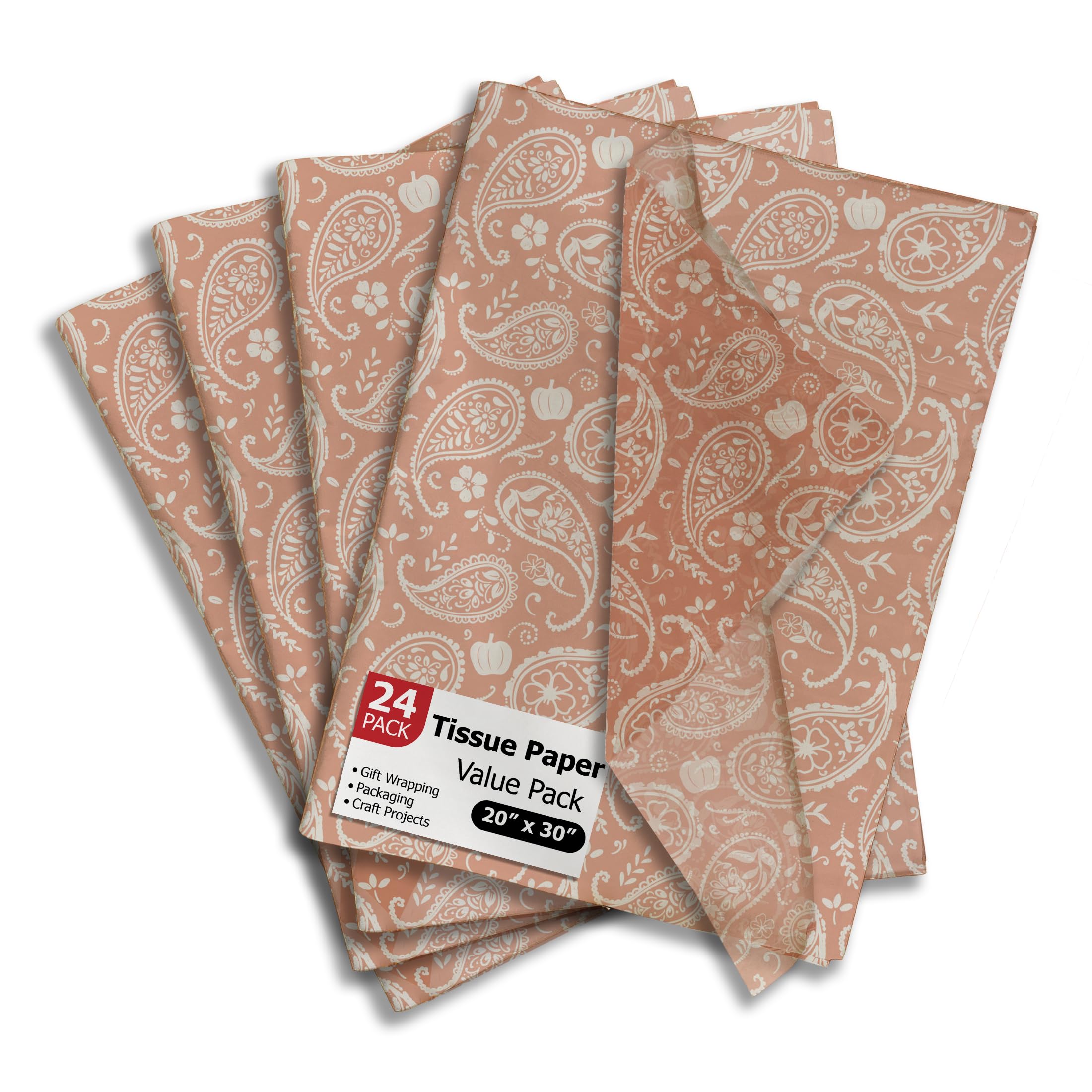 Pro Supply Global Orange Paisley Printed Tissue Paper for Birthday Party Gift Bags or Boxes and Wrapping - Fall Bulk Decorative Art Tissue Paper for Packaging and Gifting | 24 Sheets 20" x 30" — image 1