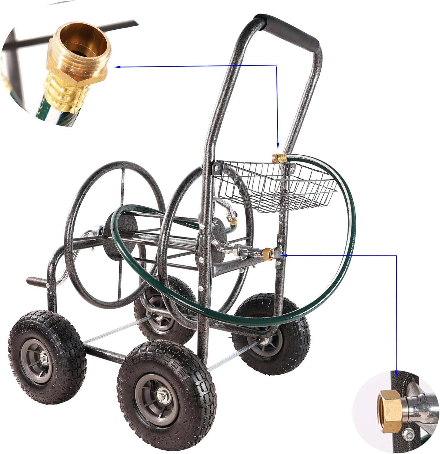 Garden Hose Reel Cart with wheels, Hose Reels for outside with Storage Basket, Portable Residential Reel Carts, Lawn Watering for Backyard and Farm (Dark Grey)