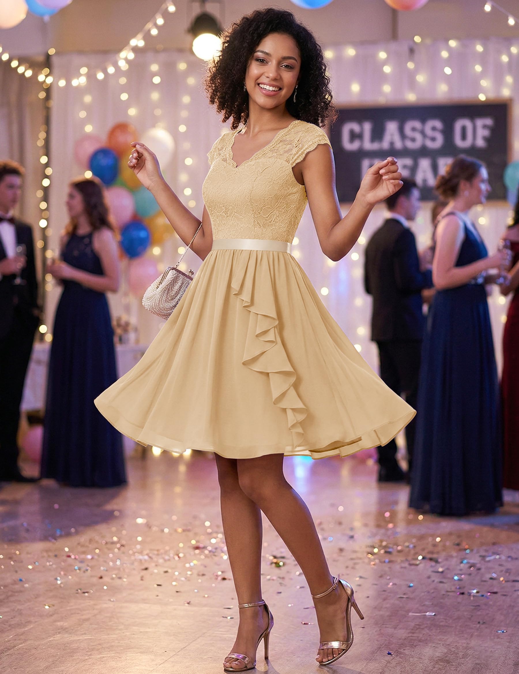 Wedtrend Robe de Soirée Femme à Volant avec Mousseline de Soie en Dentelle Chic pour Mariage