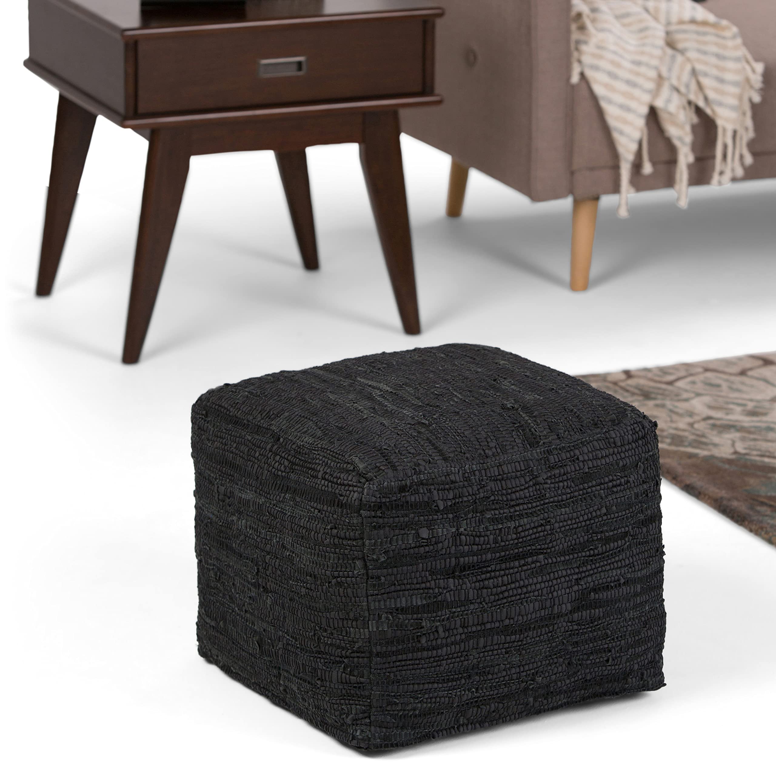 SIMPLIHOME Fredrik Square Pouf, Footstool, Upholstered in Black Woven Leather, for the Living Room, Bedroom and Kids Room, Transitional, Modern