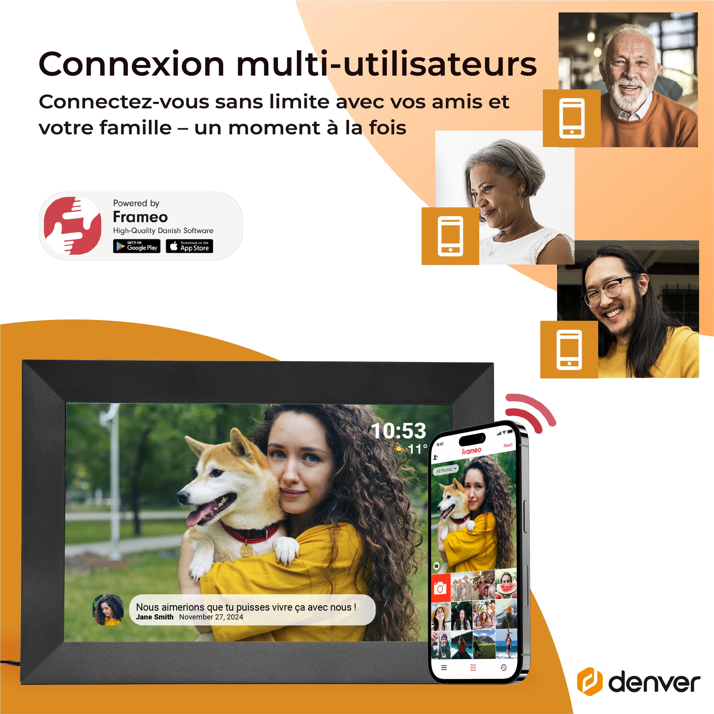 Denver PFF-1024BMK2 Cadre Photo numérique Wi-FI FRAMEO 10,1 Pouces, écran Tactile IPS 1280 x 800, mémoire 16 Go, Application iOS/Android, Noir