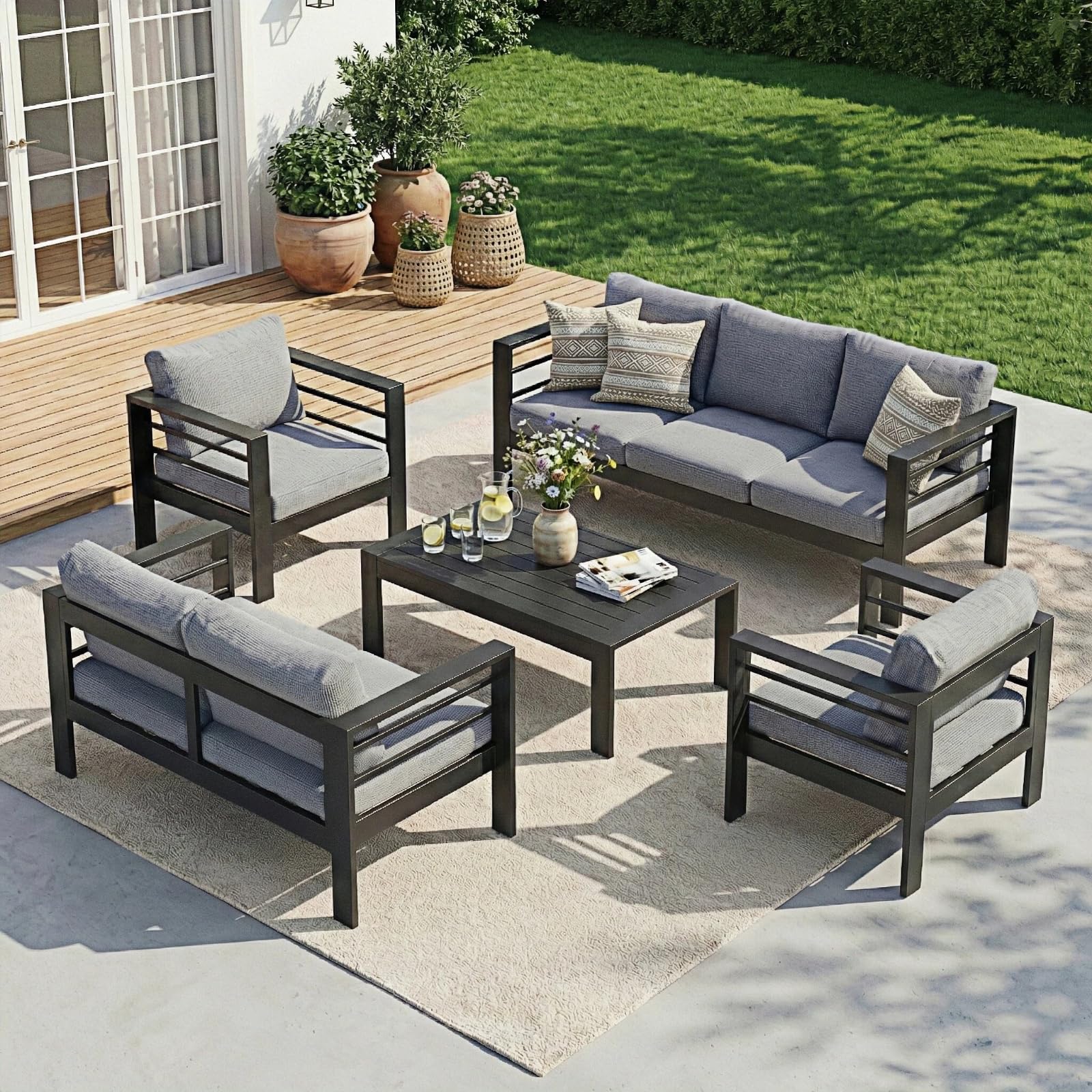 Atenza Aluminium Gartenmöbel Set Lounge Sitzgruppe 6-7 Personen | 5-teilige Outdoor Gartengarnitur mit WPC-Couchtisch, 12cm dicken Kissen & waschbaren Kissenbezügen für Terrasse & Balkon