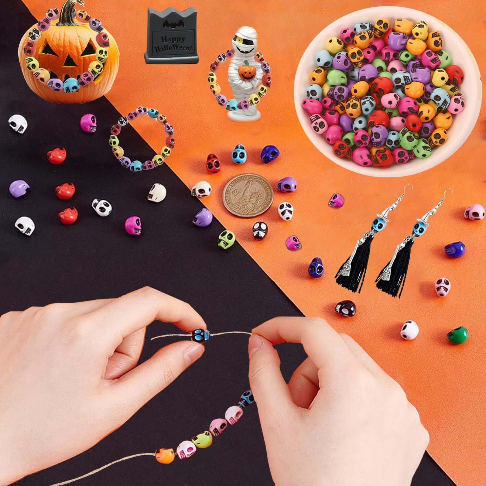 200 Pezzi Perline Teschio Halloween Skulll Perline Colorate A Testa di Scheletro Distanziatore Accessori per la Creazione di Collane Braccialetti e Componenti di Gioielli DIY (Tipo 1