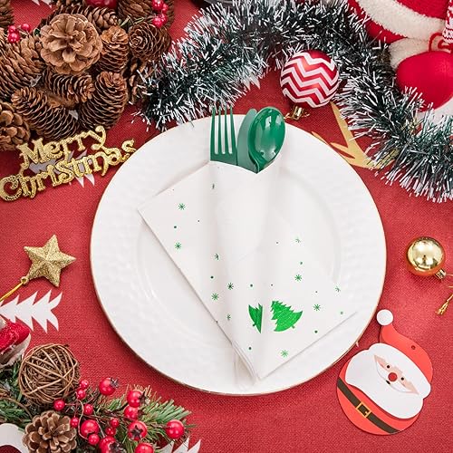 Miniatura 2 de WDF Paquete de 100 servilletas desechables de Navidad verdes, servilletas de papel de árbol de Navidad de 3 capas, servilletas verdes de alta