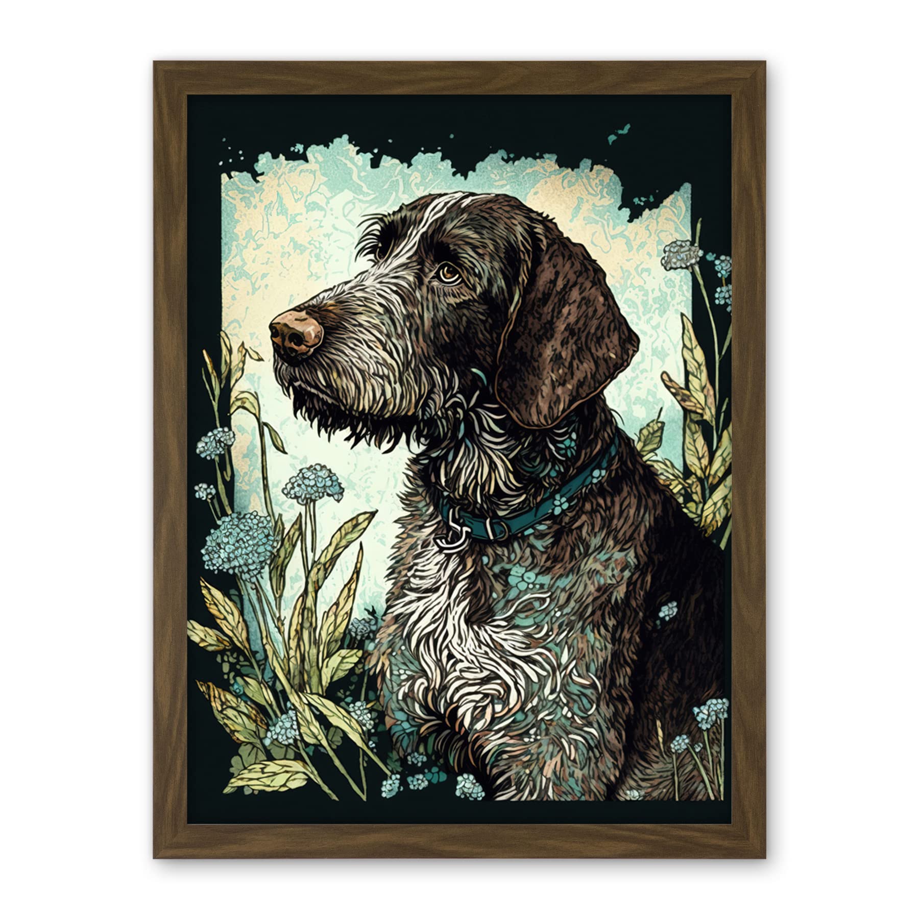 Artery8 German Wirehead Pointer Dog and Blue Wildflowers Modern Portrait Illustration Artwork Framed Wall Art Print 18X24 Inch