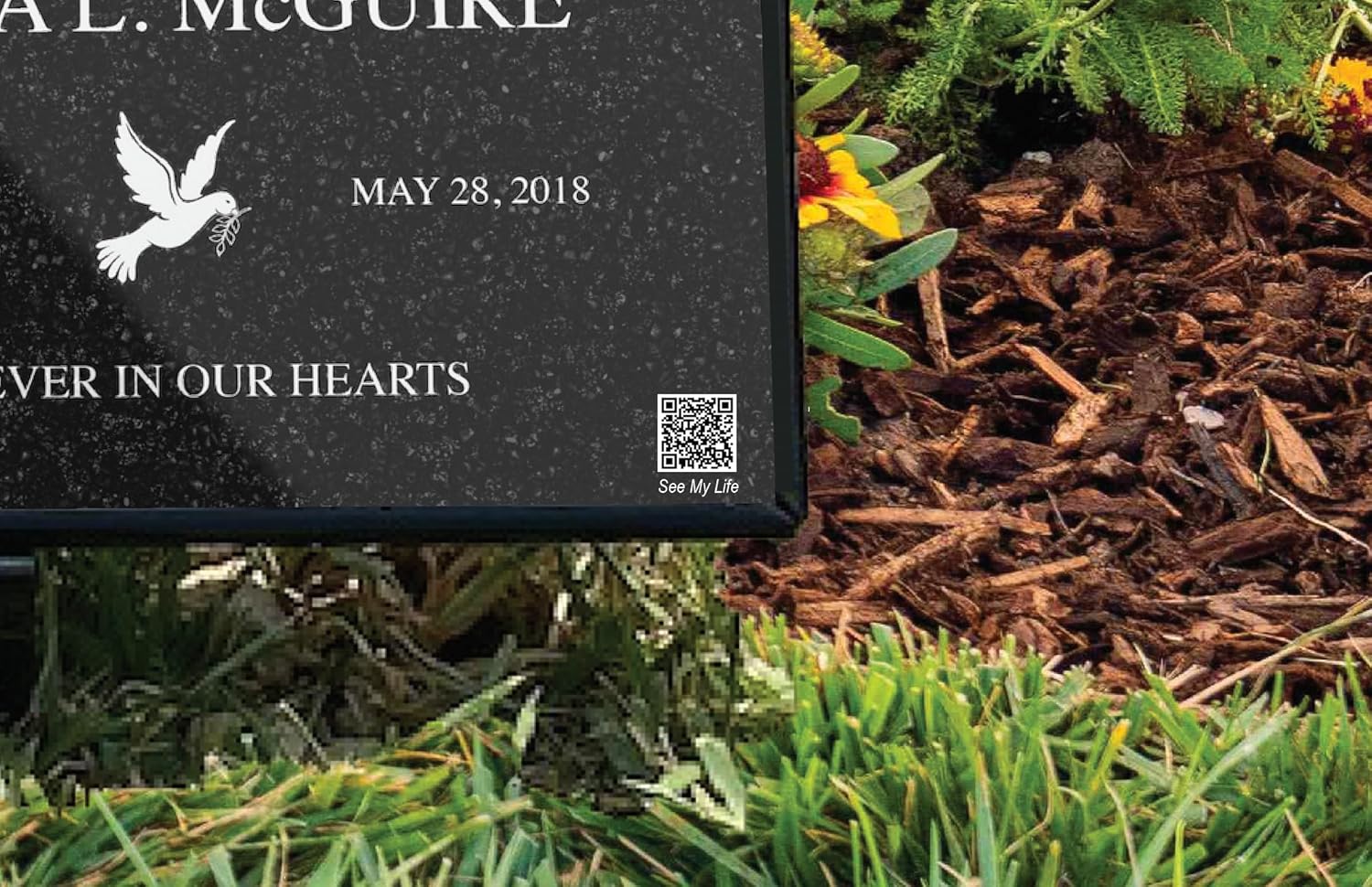 Granite Memorial with Personalised QR Code & Memorial Webpage - Indoor, Outdoor Stand - Personalised Name, Dates, Image