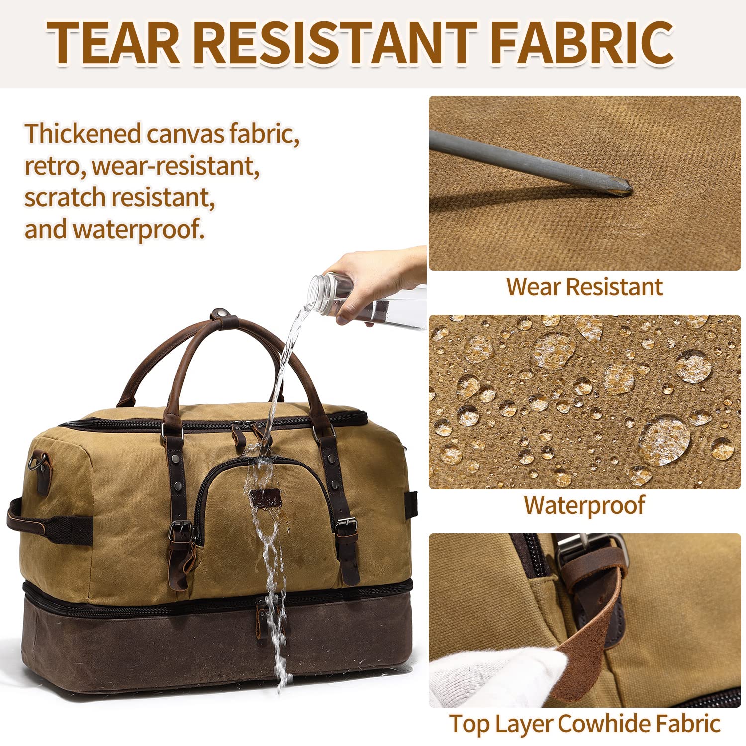 Nerlion Weekender Tasche mit Schuhfach Große Übernachtungstasche für Herren Canvas Echtleder Handgepäck Tasche Reise Seesack, Braun, Reisetasche