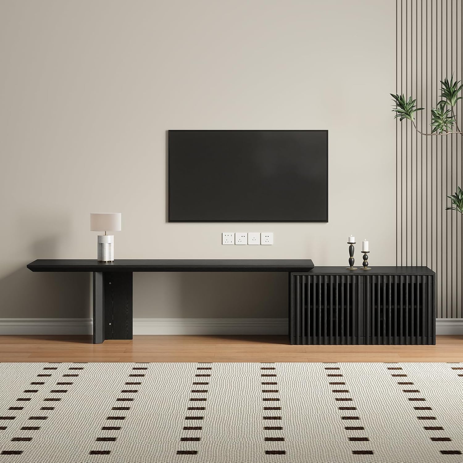 XEW Extendable TV Stand with Storage and Shelves, Wood Entertainment Center for 55+ Inch TV, Modern TV Console, Minimalist Media Console for Living Room, Bedroom-Black (Extendable: 60.6"-84.3")