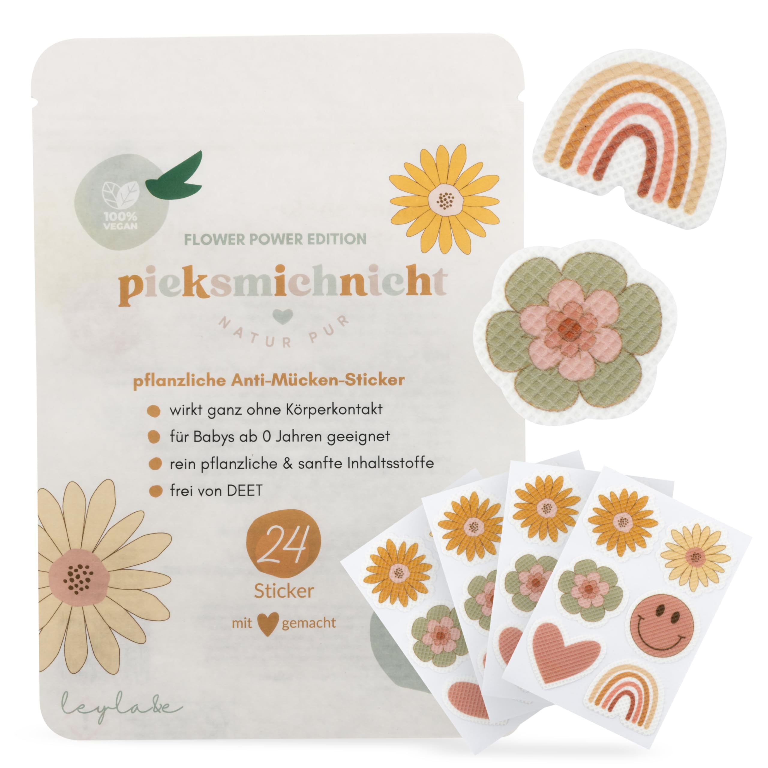 pieksmichnicht Pflanzliche Anti-Mücken-Aufkleber für Babys und Kinder Blumen Regenbogen Herz Mückenschutz Insektenschutz Mückensticker Patches Pflaster DEET frei (Flower Power)