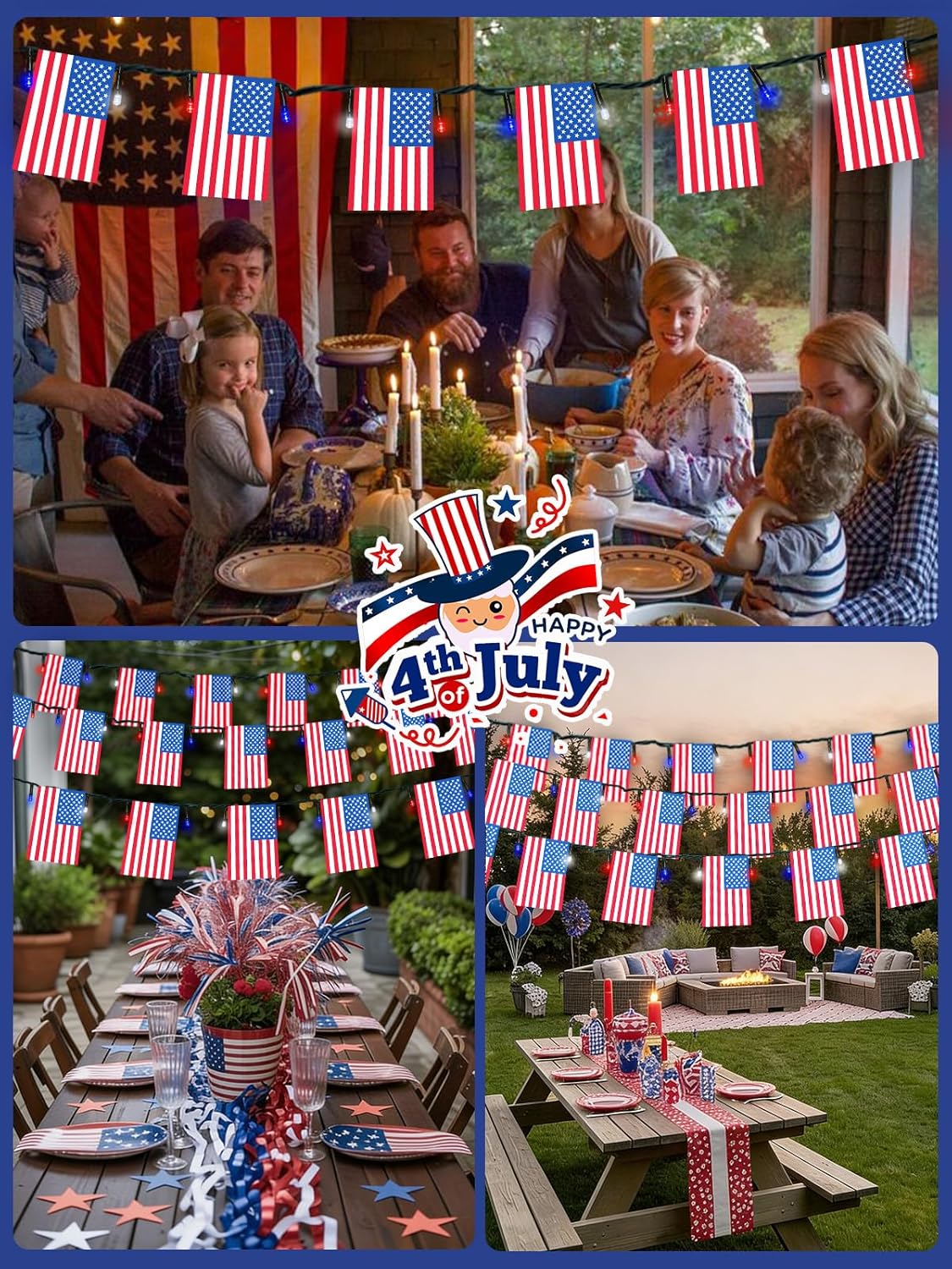 2 Pack 4th of July Decorations, Solar American Flag Lights Outdoor with 8 Modes, 37.6FT 50 USA Flags & 100 Red White and Blue LEDs Patriotic Lights Waterproof for Independence Day 250th Anniversary
