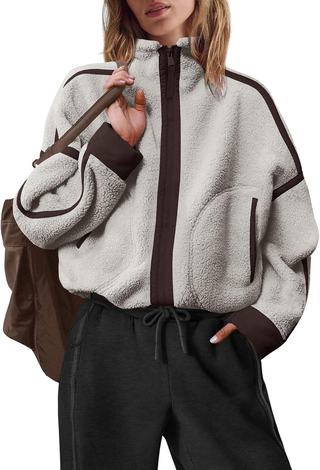 Womens Fleece Zip Up Jacket Sherpa Fuzzy Teddy Jackets Color Block Casual Oversized Coats Winter Outerwear - Image 3